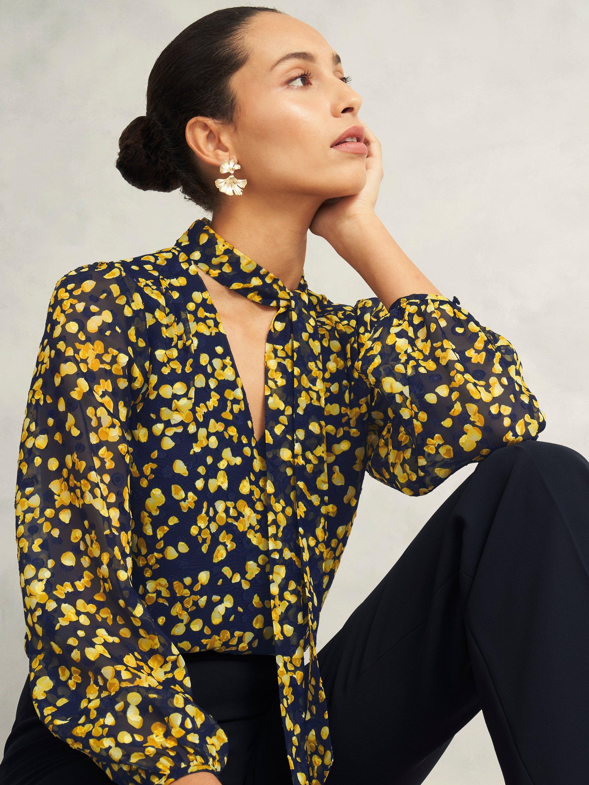 Product image 5 of 5, which shows Hobbs Aria Pussybow Neck Tie Top, Navy/Yellow, 12