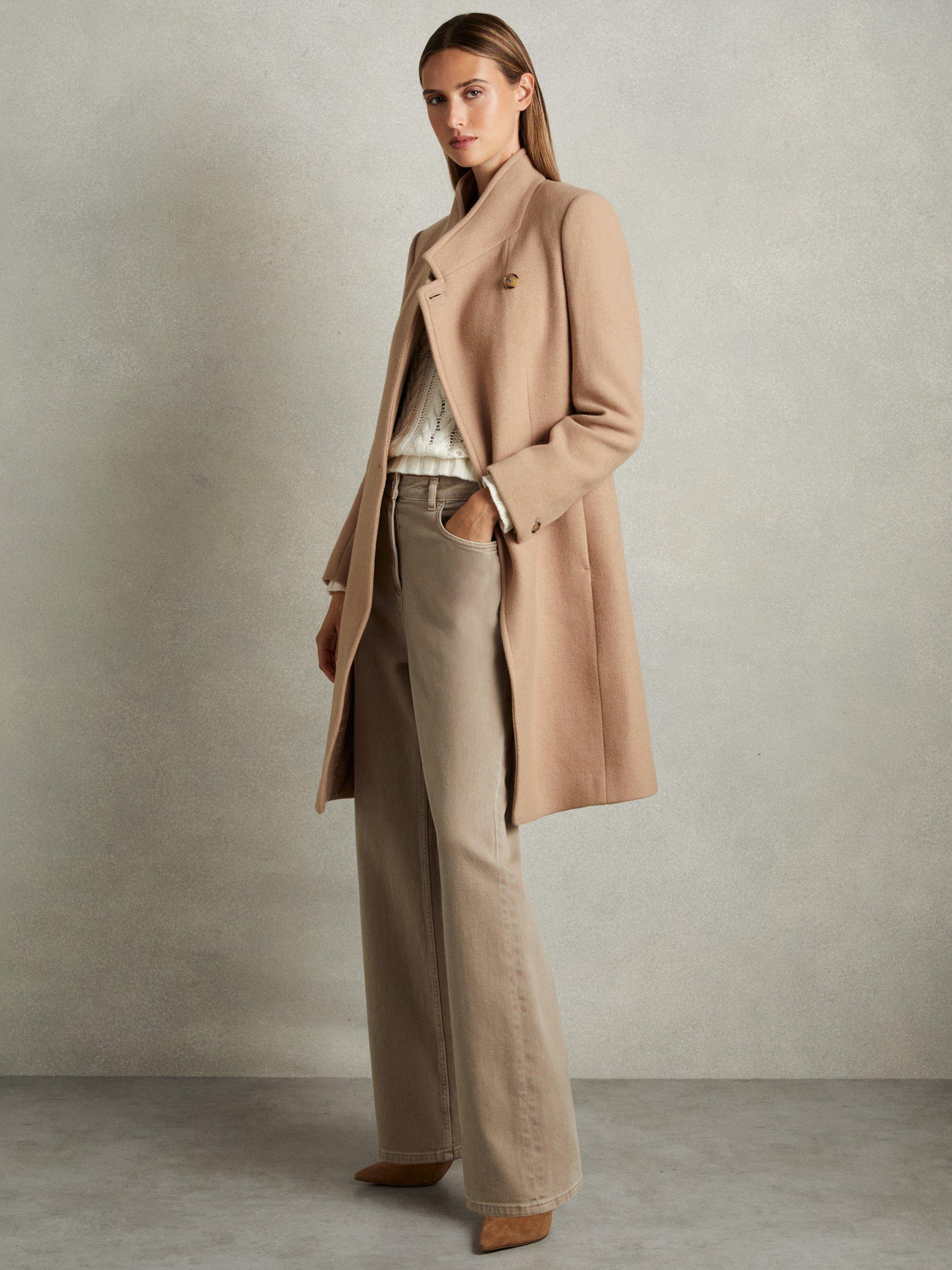 Reiss Maude Wool Blend Longline Double Breasted Coat Light Camel
