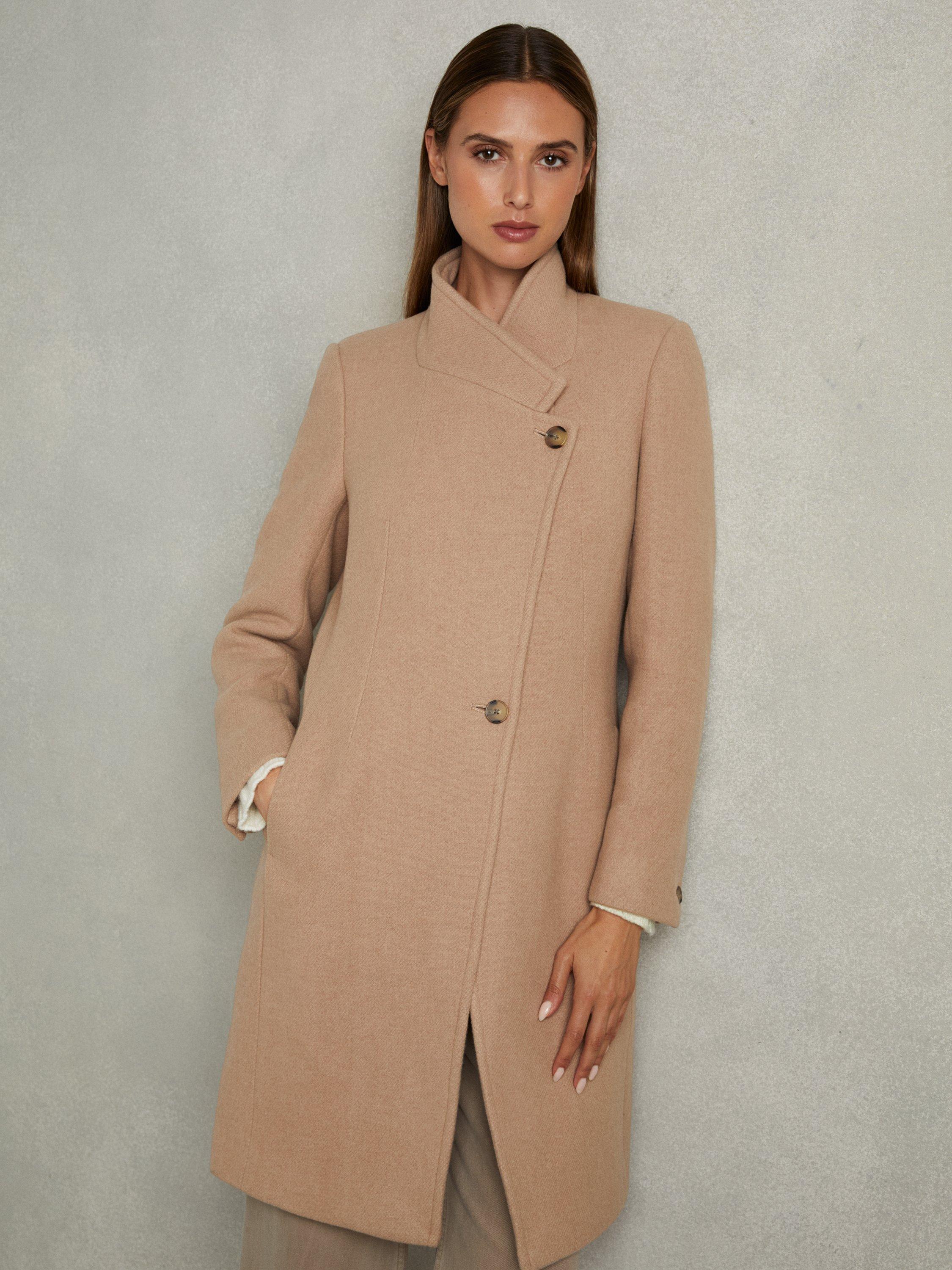 Product image 1 of 5, which shows Reiss Petite Maude Wool Blend Asymmetric Neck Coat, Light Camel, 8Pt