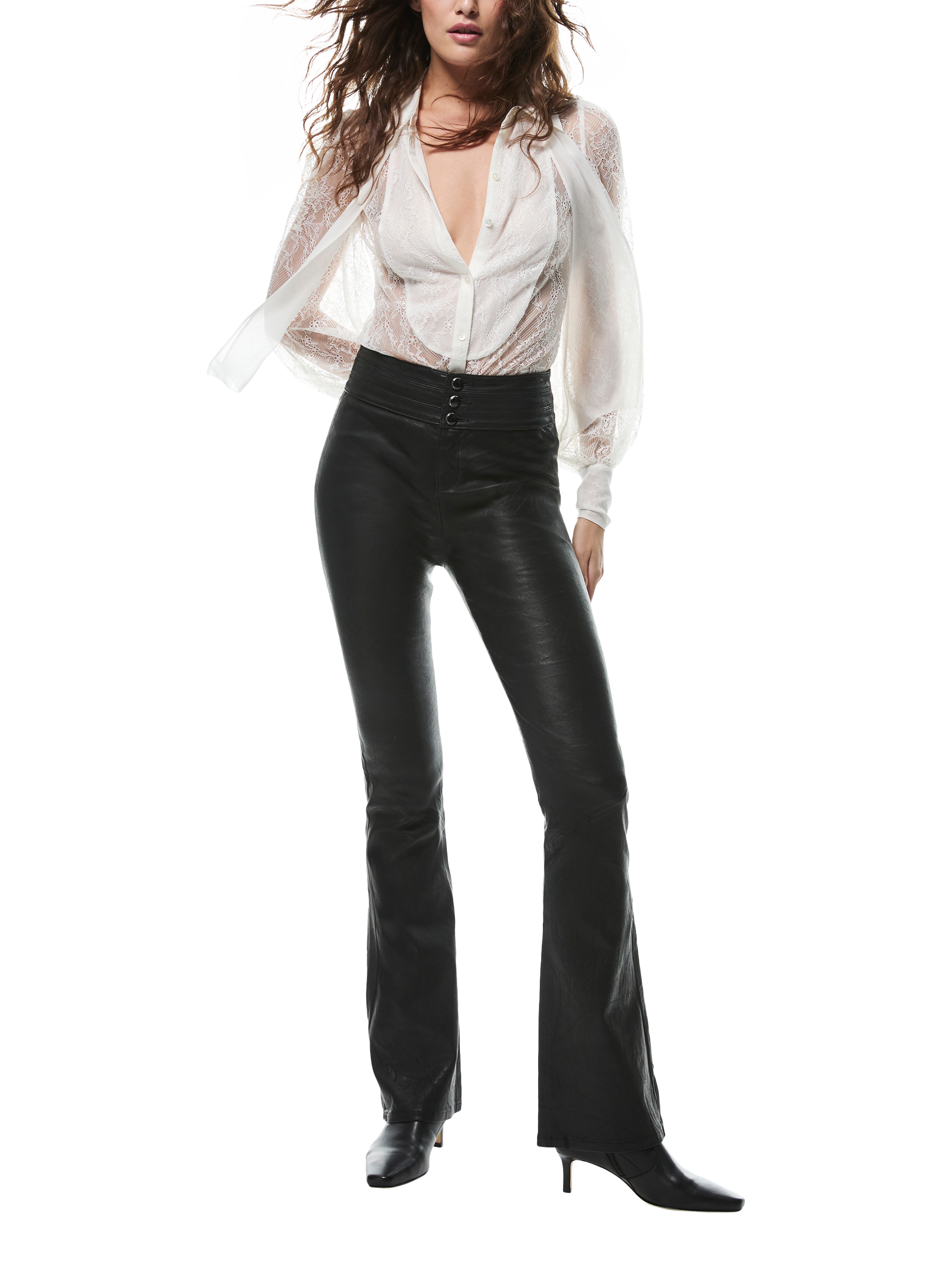 Product image 1 of 4, which shows PAIGE Lou Lou High Rise Leather Trousers, Black, 24