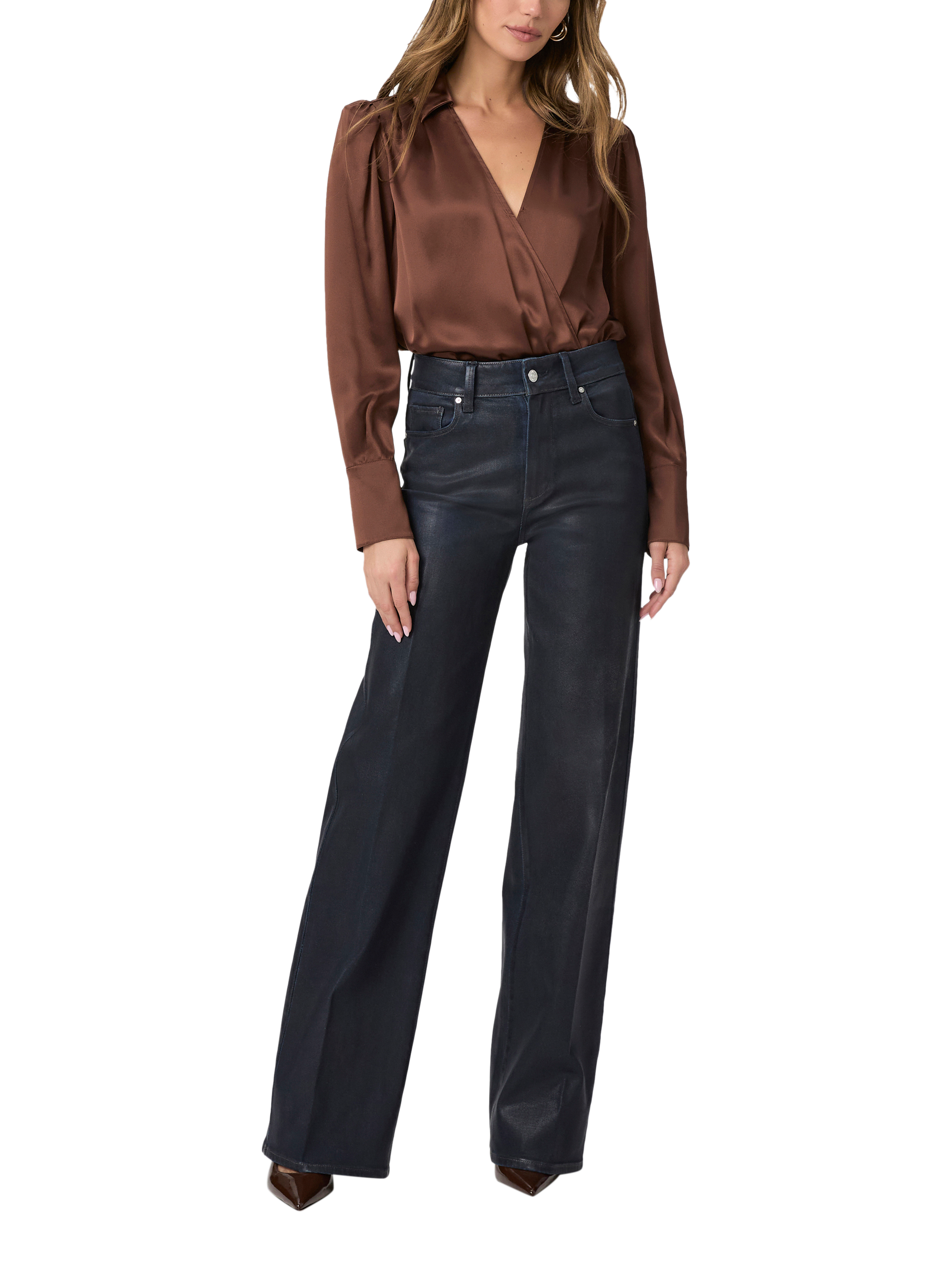 Product image 1 of 4, which shows PAIGE Sasha High Rise Wide Leg Jeans, Glazed Indigo Coat, 27