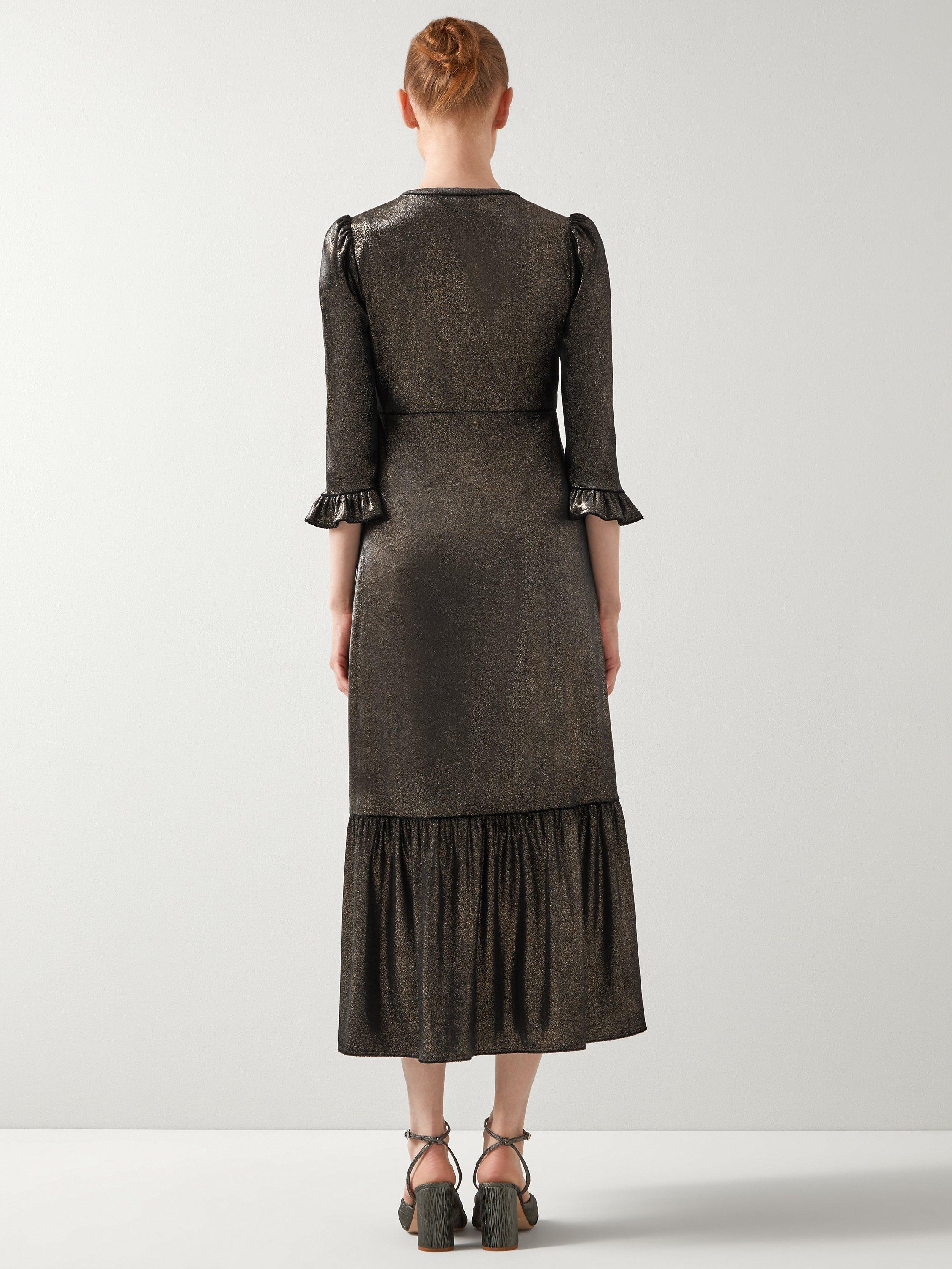 Product image 2 of 5, which shows L.K.Bennett Deborah Metallic Velvet Dress, Gold, 6
