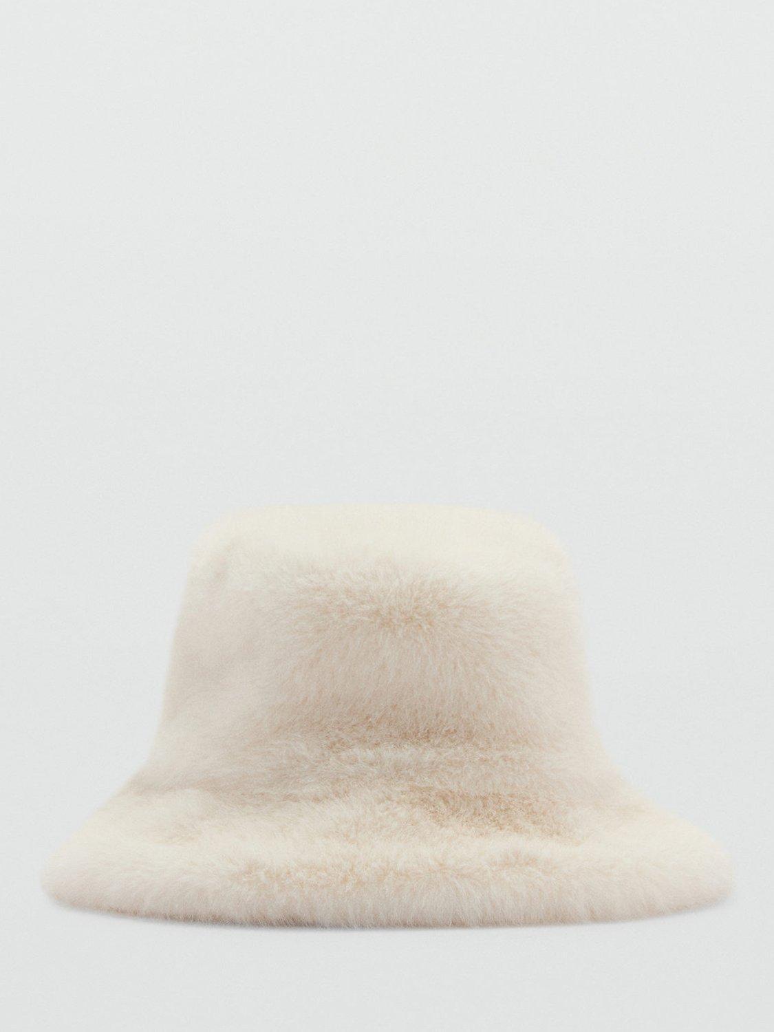Mango Chessy Faux Fur Bucket Hat, Light Beige