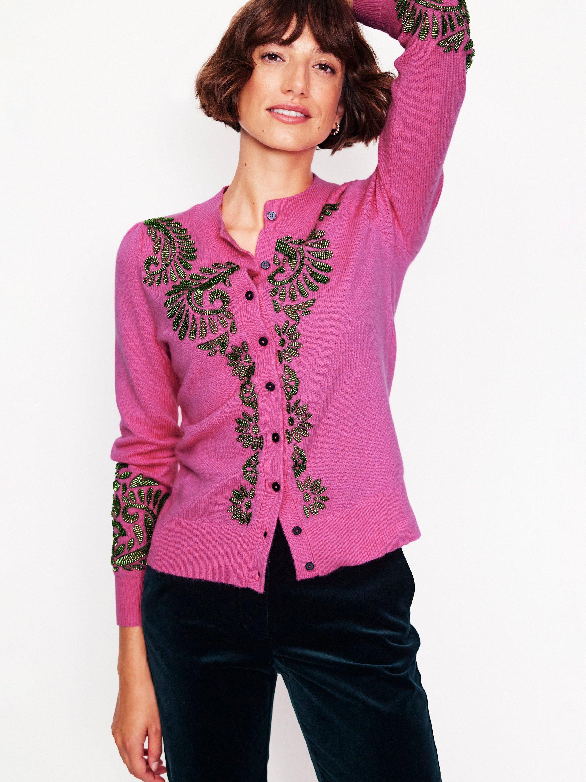 Boden Fenella Embellished Cardigan, Party Pink