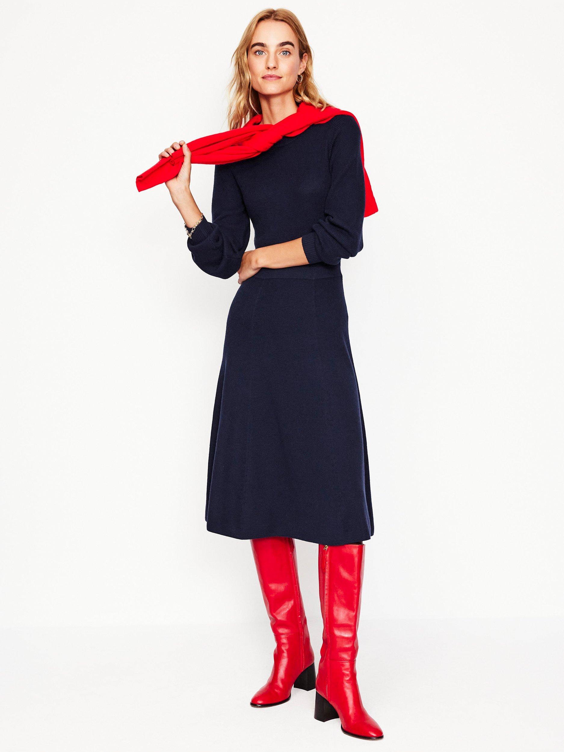 Product image 4 of 6, which shows Boden Button Shoulder Knit Dress, Navy, 8