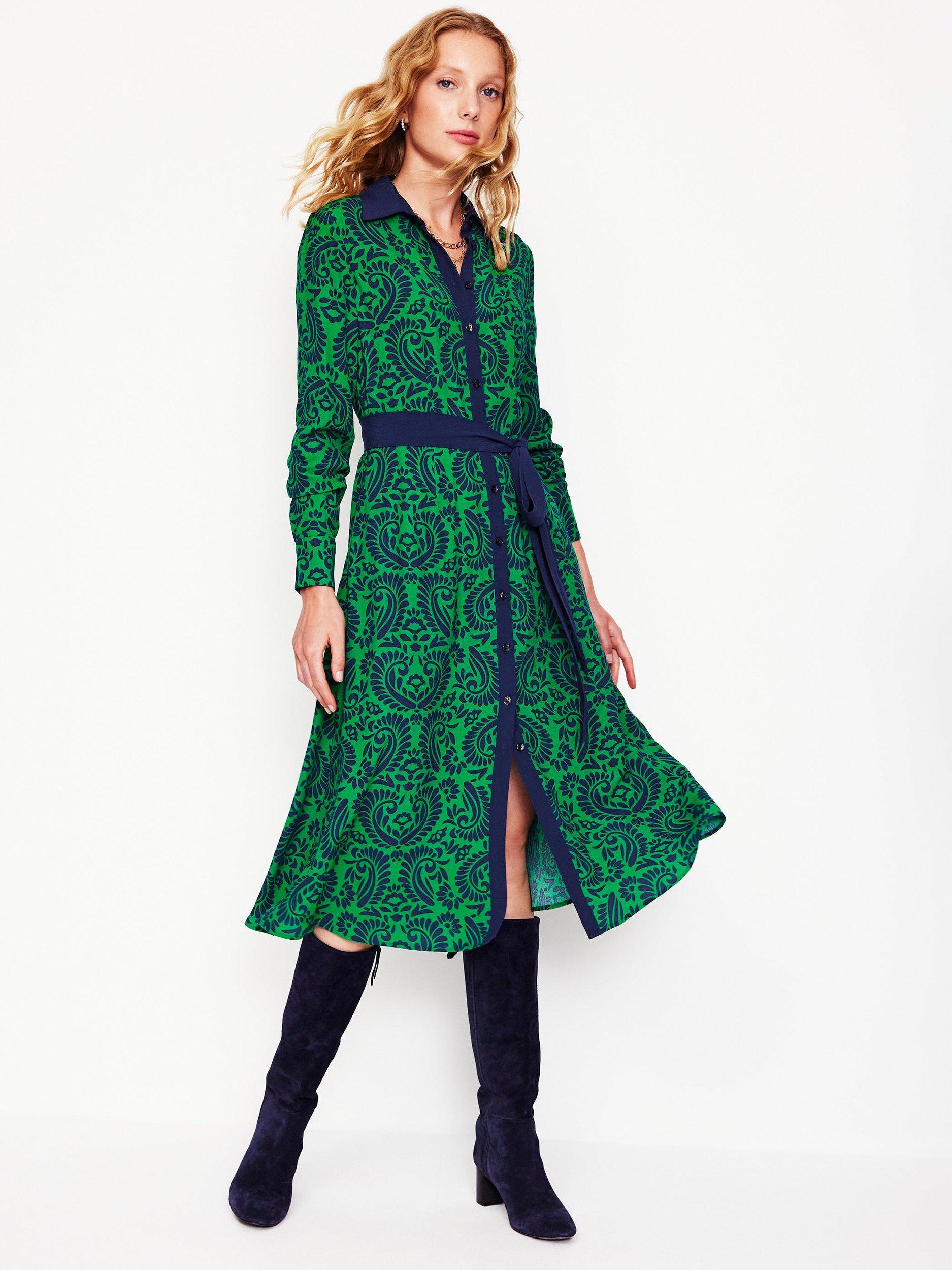 Boden Kate Midi Shirt Dress, Emerald/Navy