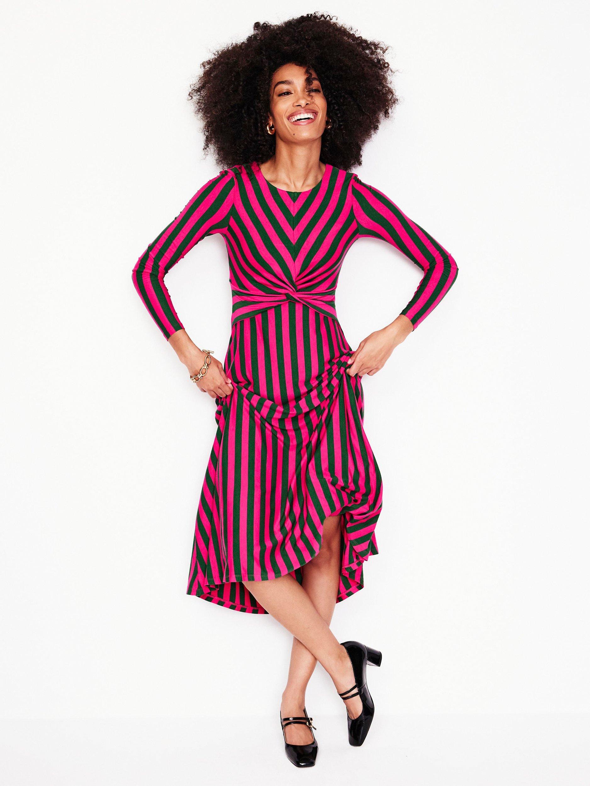 Boden Stripe Twisted Waist Jersey Dress, Pink/Glade