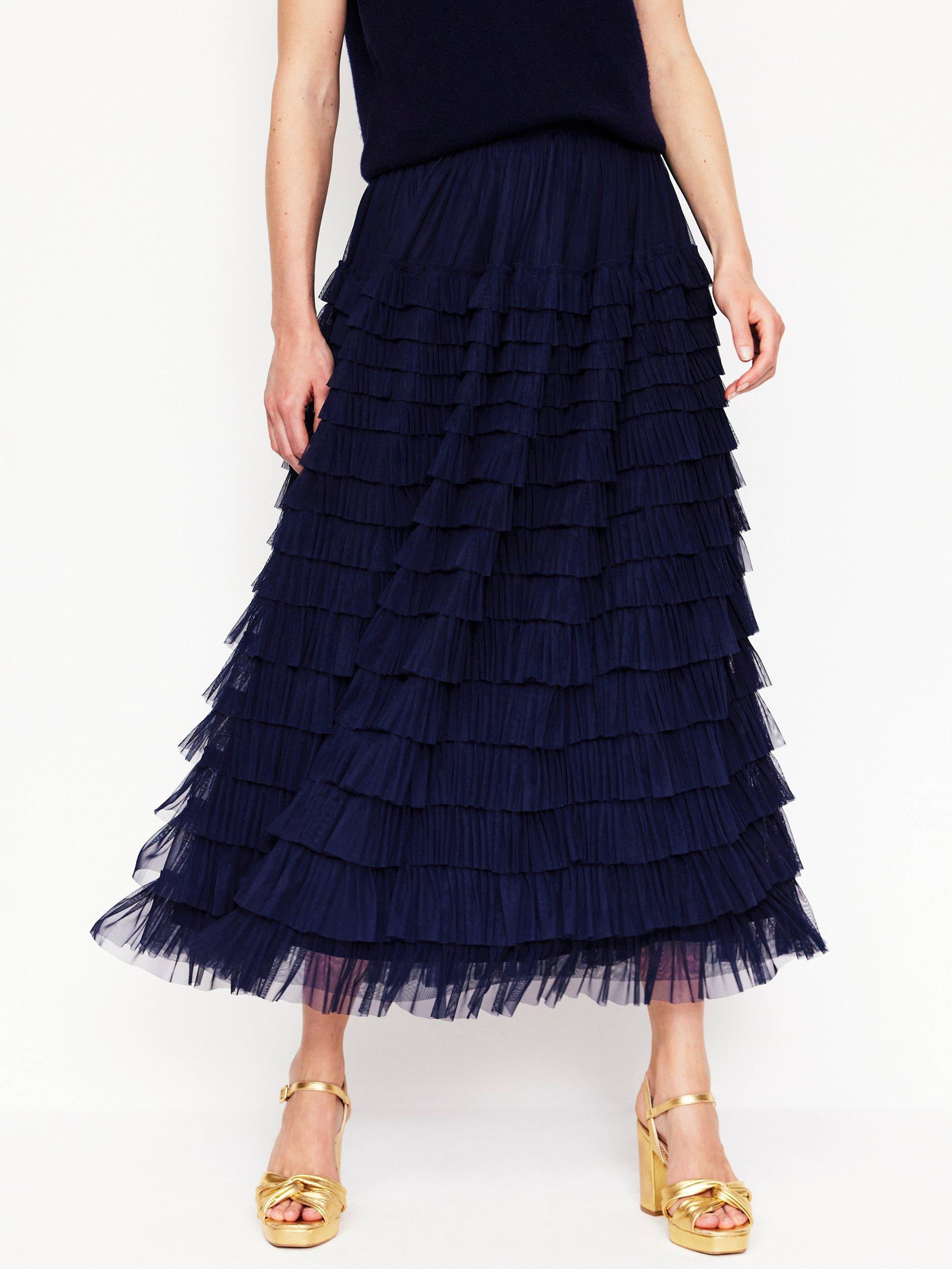 Boden Tiered Tulle Ruffle Skirt, Navy