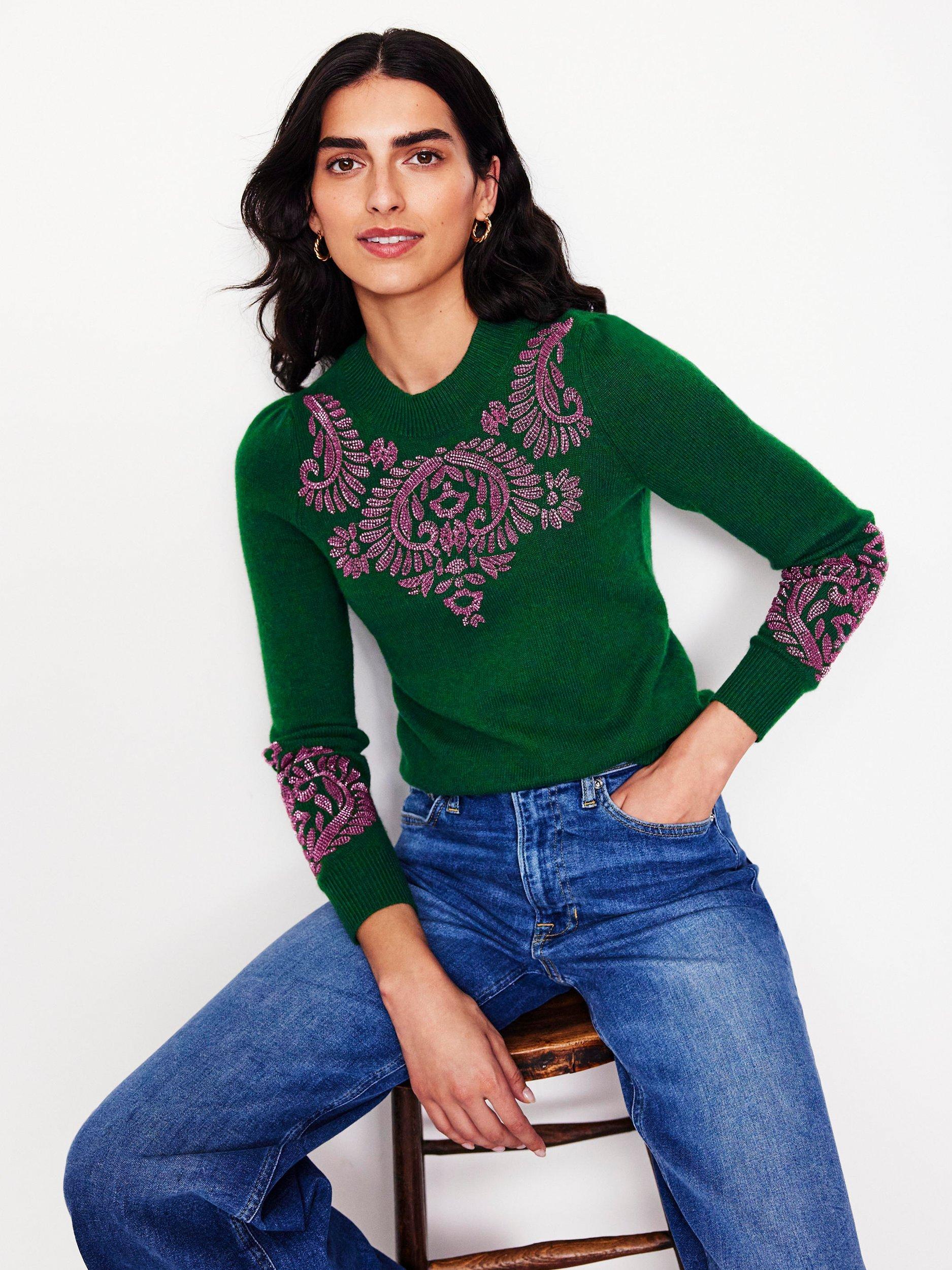 Boden Fenella Embellished Jumper, Pine Green