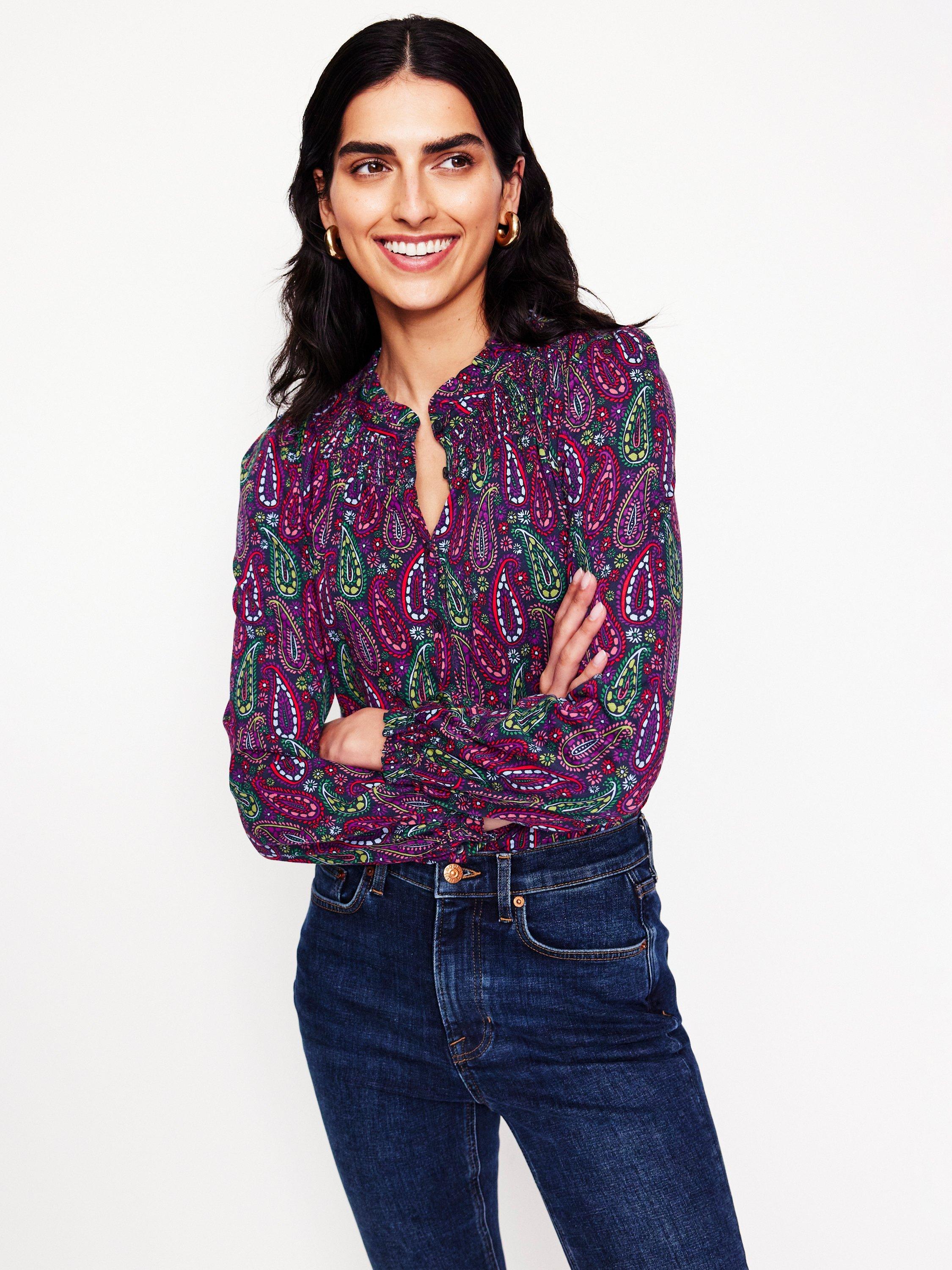 Boden Fay Paisley Smocked Jersey Top, Multi