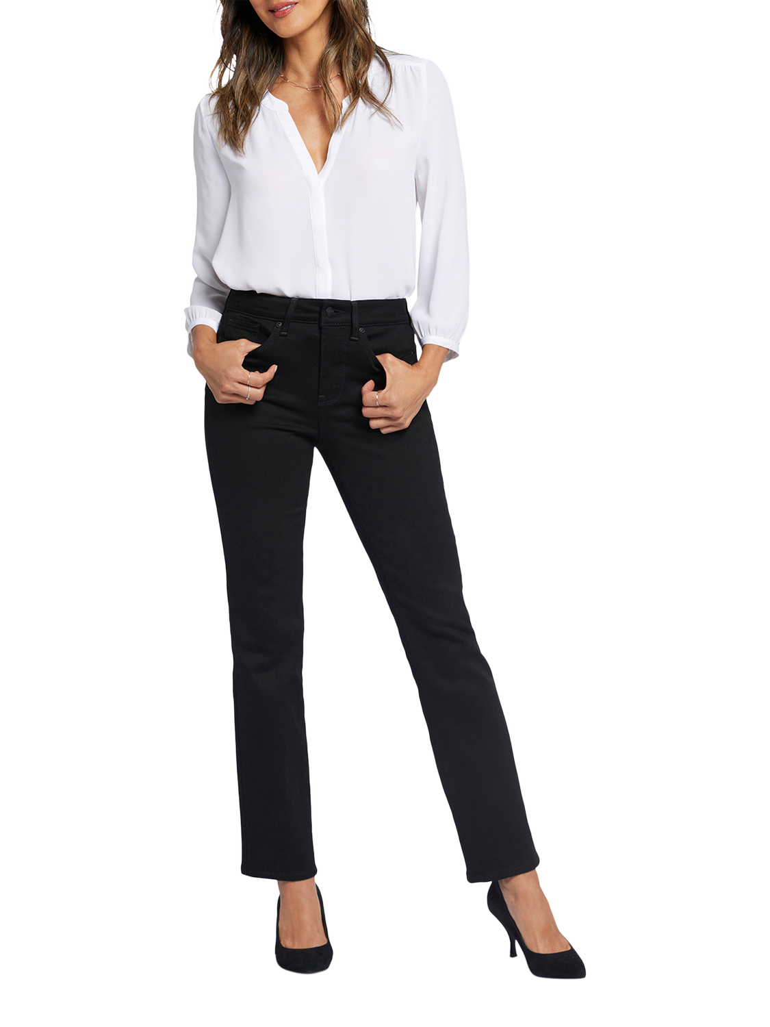 Product image 1 of 6, which shows NYDJ Ellison High Rise Straight Jeans, Black, 4