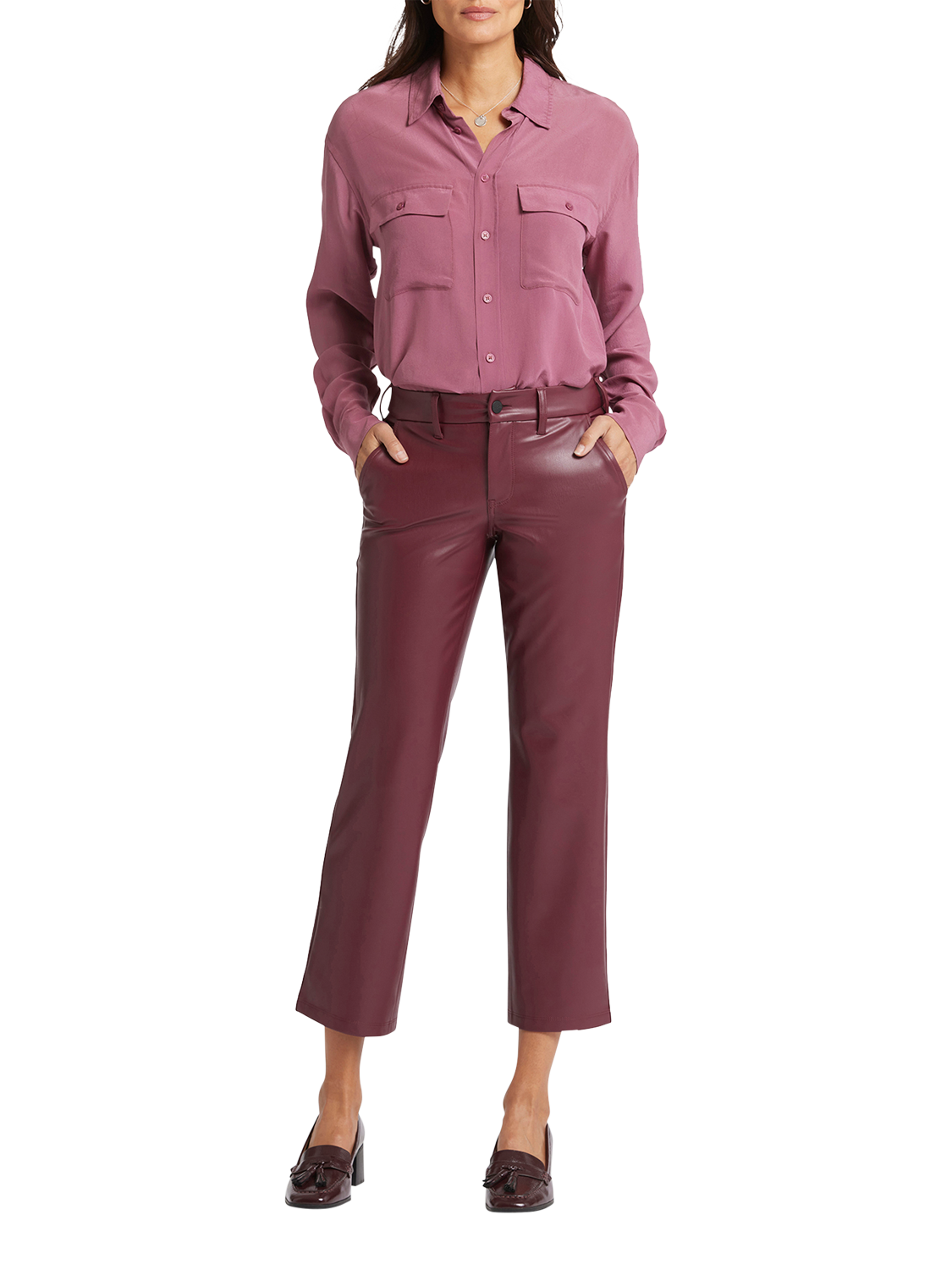 Product image 1 of 6, which shows NYDJ Faux Leather Straight Ankle Grazer Trousers, Tavern, 4