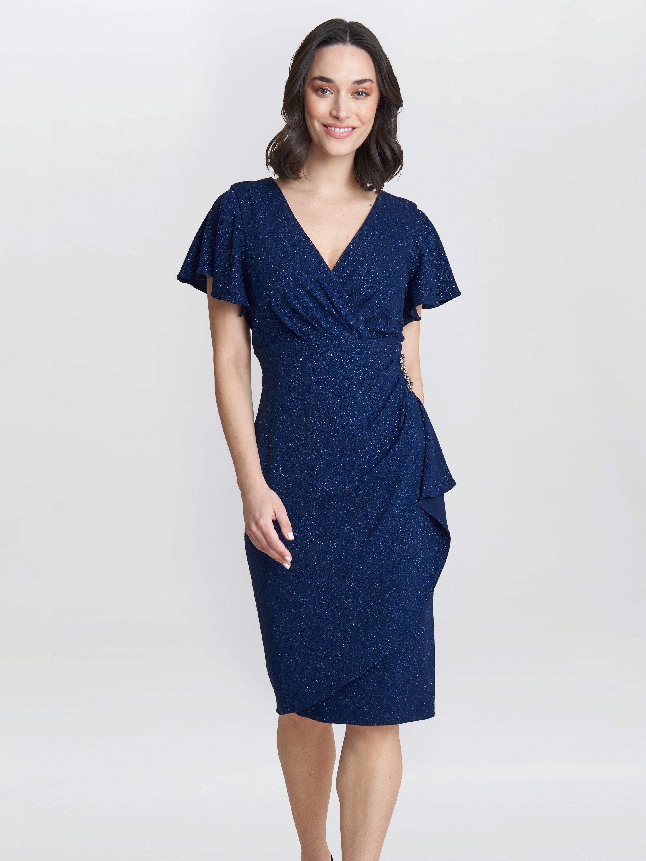 Product image 1 of 4, which shows Gina Bacconi Glenda Metallic Midi Dress, Navy, 8