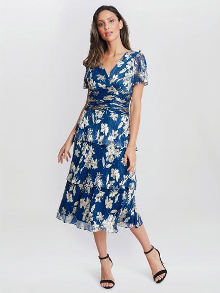 Gina Bacconi Simone Foil Print Dress, Royal, Royal