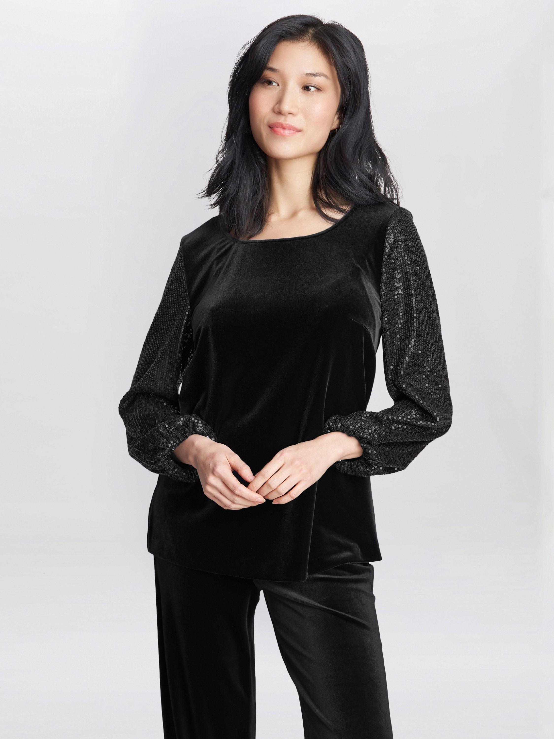 Product image 1 of 6, which shows Gina Bacconi Ines Velvet Blouse, Black, S