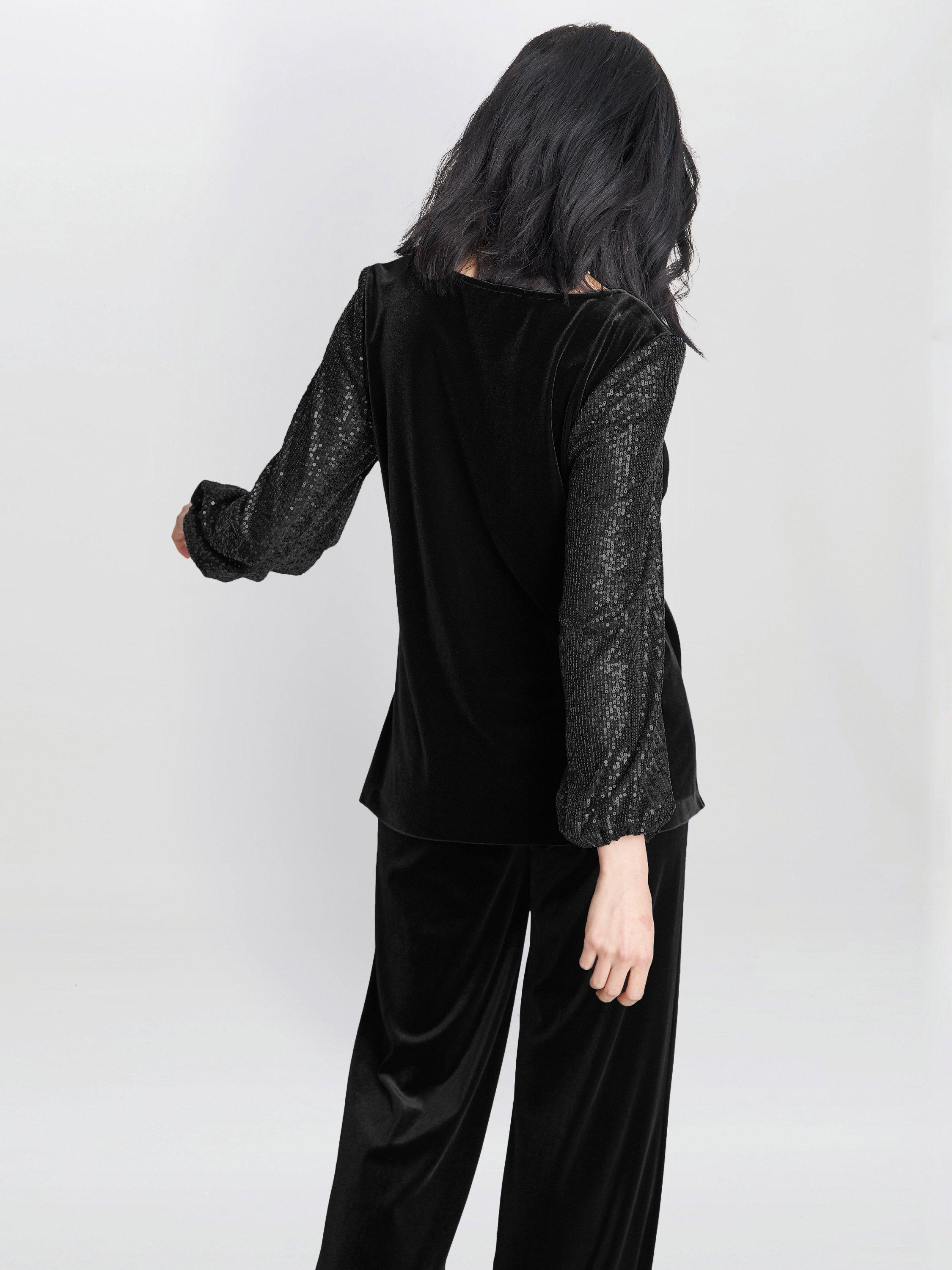 Product image 2 of 6, which shows Gina Bacconi Ines Velvet Blouse, Black, S