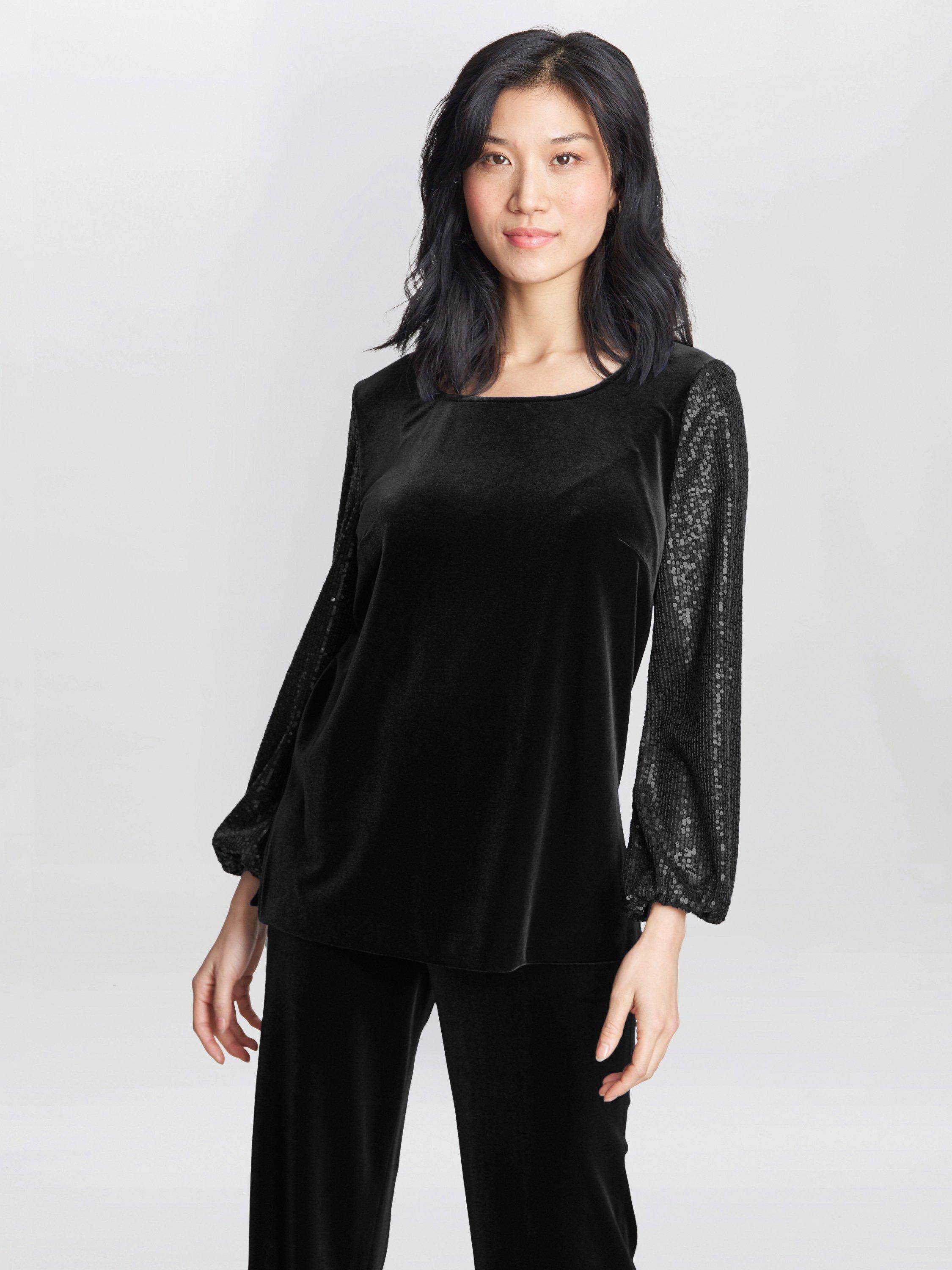 Product image 6 of 6, which shows Gina Bacconi Ines Velvet Blouse, Black, S