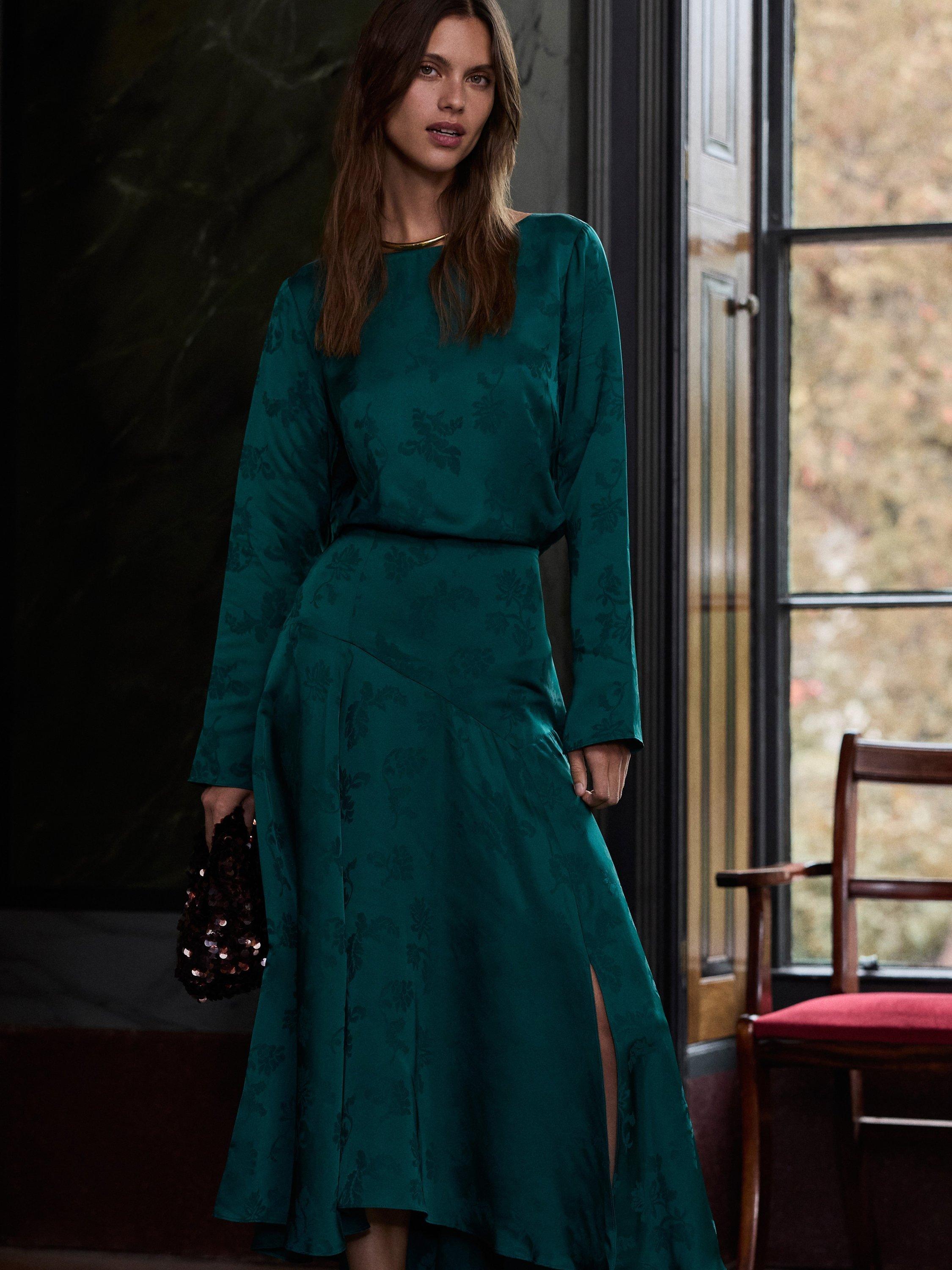 Product image 3 of 6, which shows Jigsaw Floral Jacquard Boat Neck Top, Green, 8