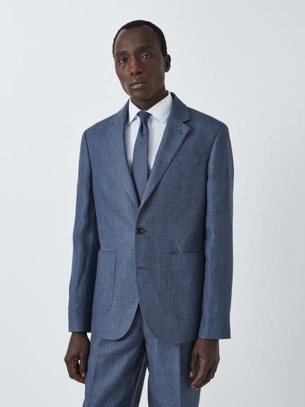 John Lewis Hadleigh Pure Linen Grid Relaxed Fit Blazer, Mid Blue, Mid Blue