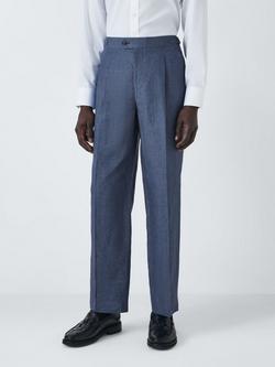 John Lewis Hadleigh Pure Linen Grid Relaxed Fit Trousers, Mid Blue, Mid Blue
