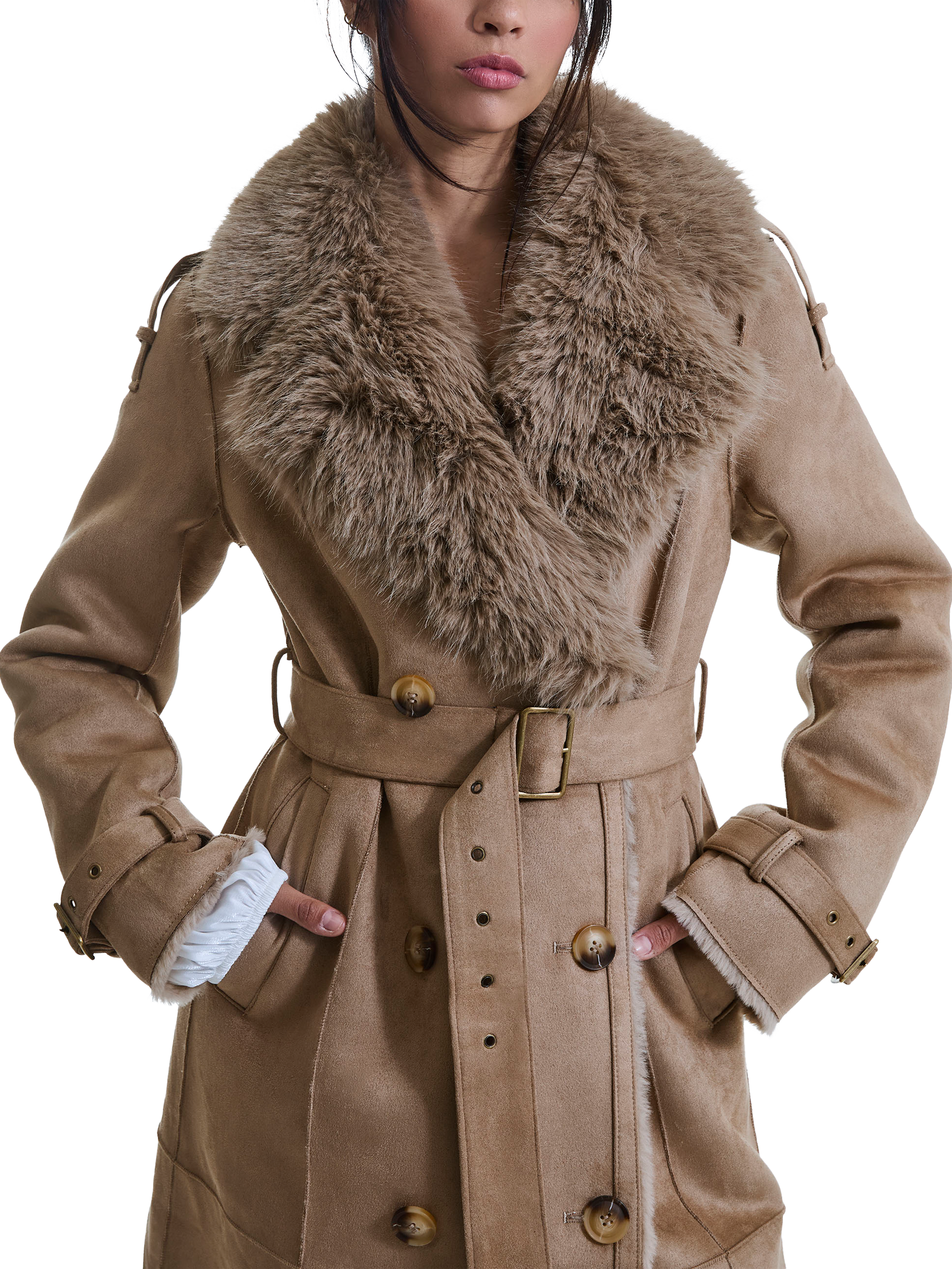 Product image 3 of 5, which shows James Lakeland Faux Fur Military Coat, Taupe, 8