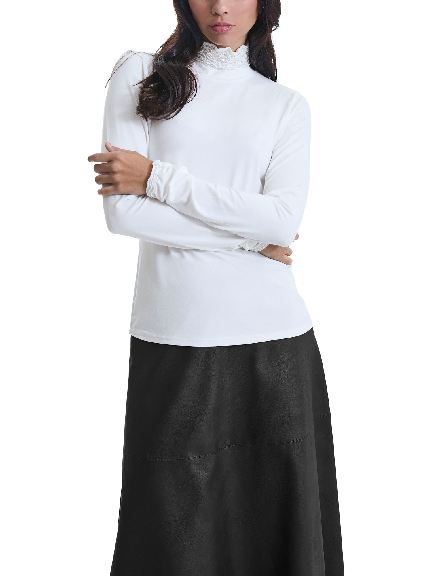 Product image 3 of 5, which shows James Lakeland Ruffle Polo Neck Long Sleeve Top, Cream, 8