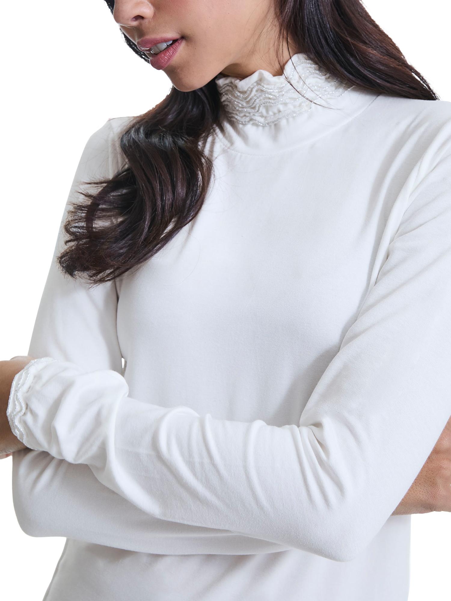 Product image 4 of 5, which shows James Lakeland Ruffle Polo Neck Long Sleeve Top, Cream, 8
