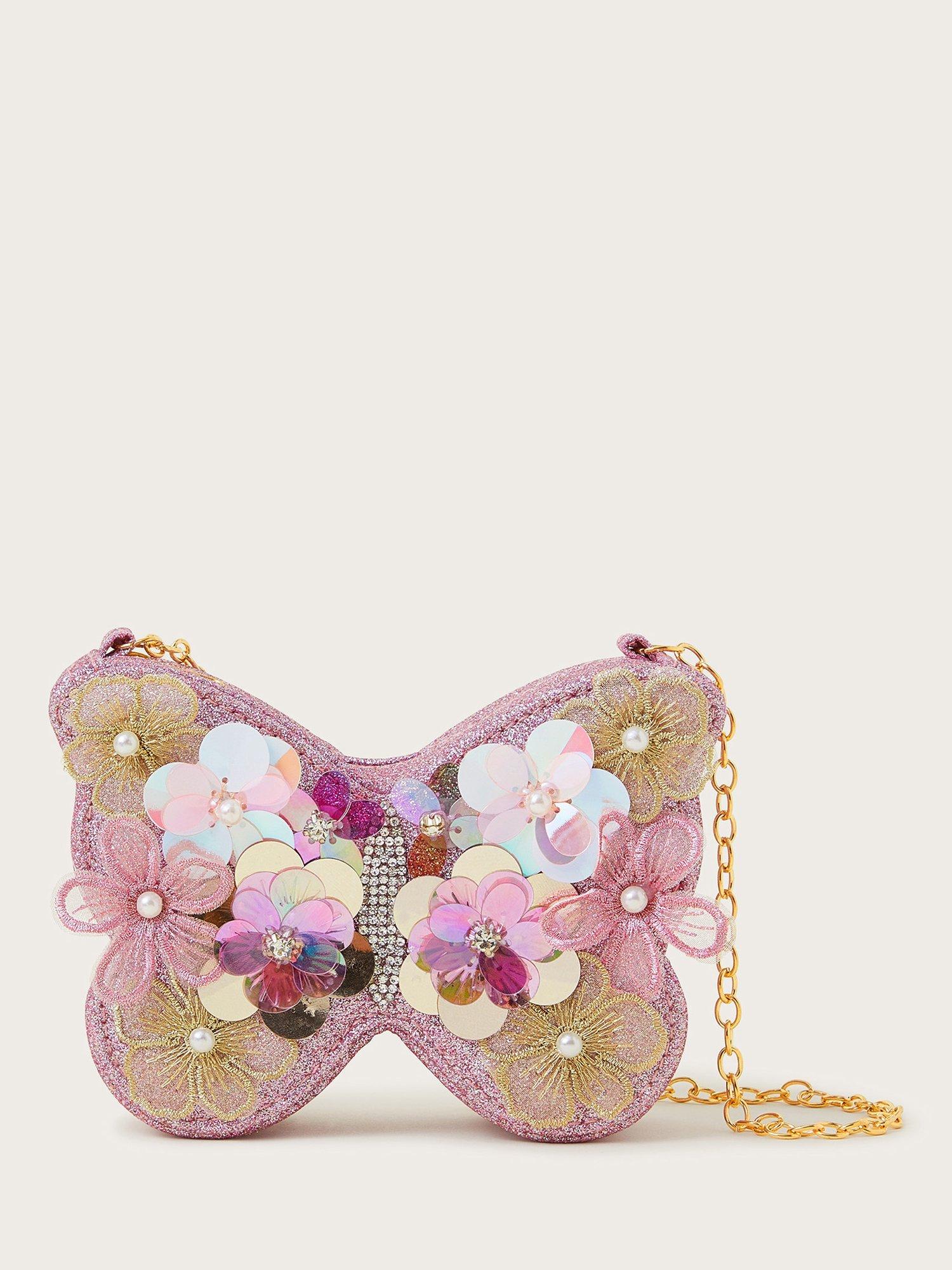 Product image 1 of 4, which shows Monsoon Kids' Bella Embellished Butterfly Bag, Pink/Multi, One Size