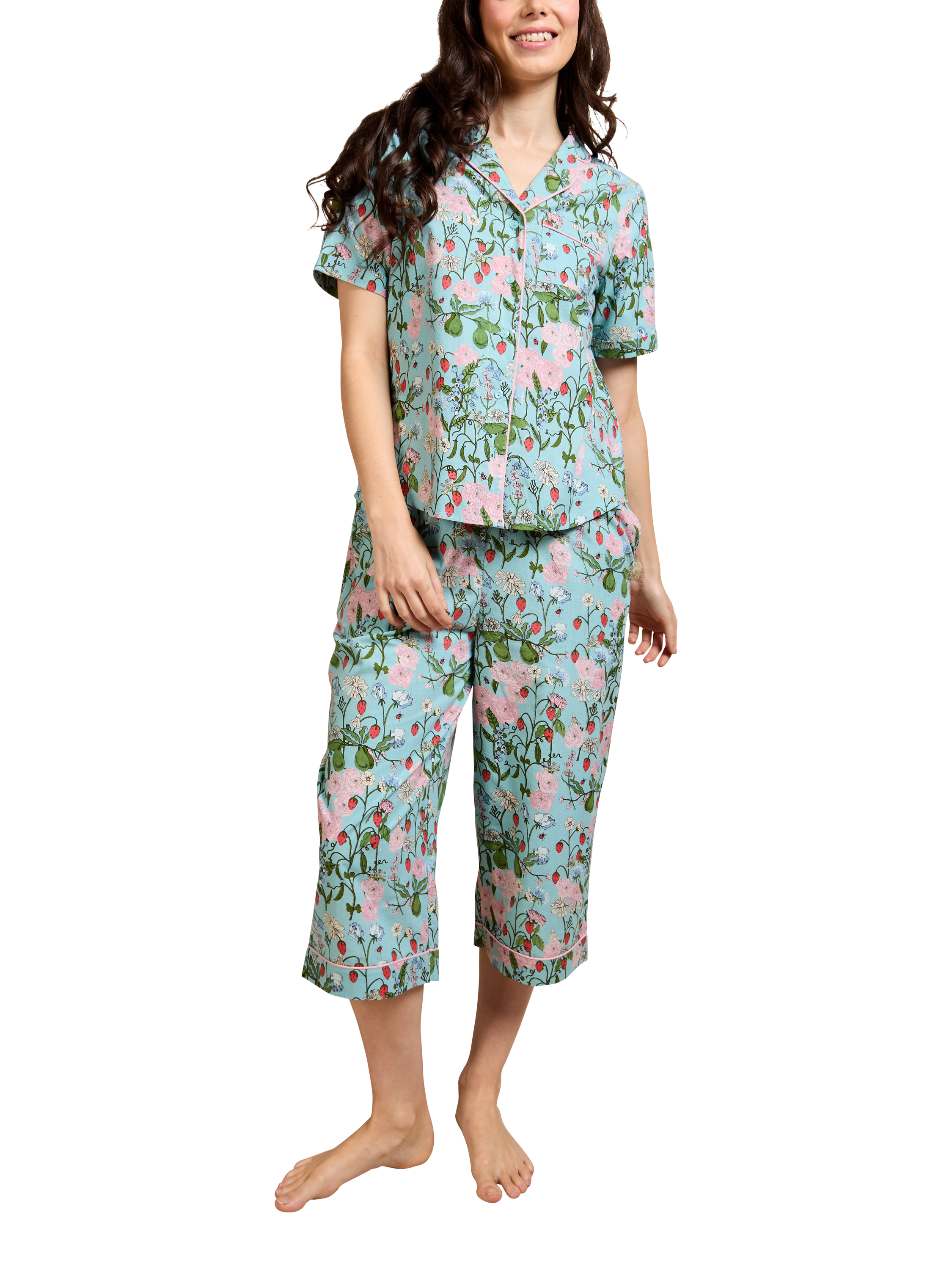 Product image 1 of 4, which shows Their Nibs Summer Fruits Cropped Pyjama Set, Blue, S