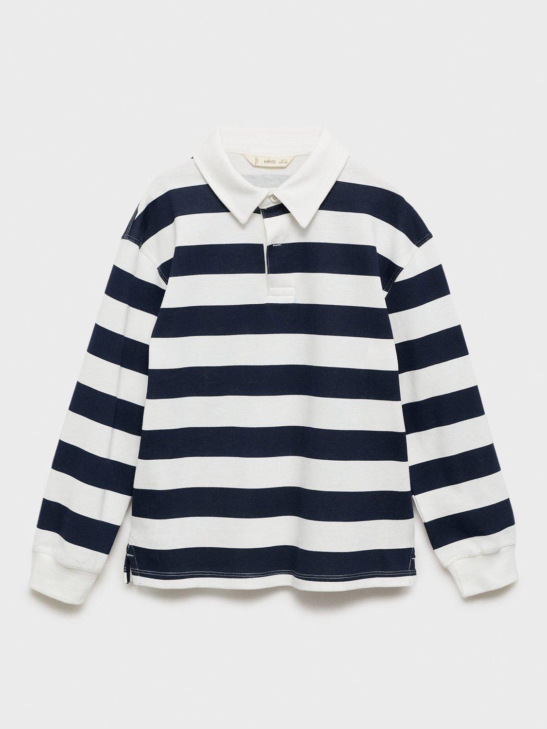 Mango Kids' Cotton Stripe Long Sleeve Polo Shirt, Navy