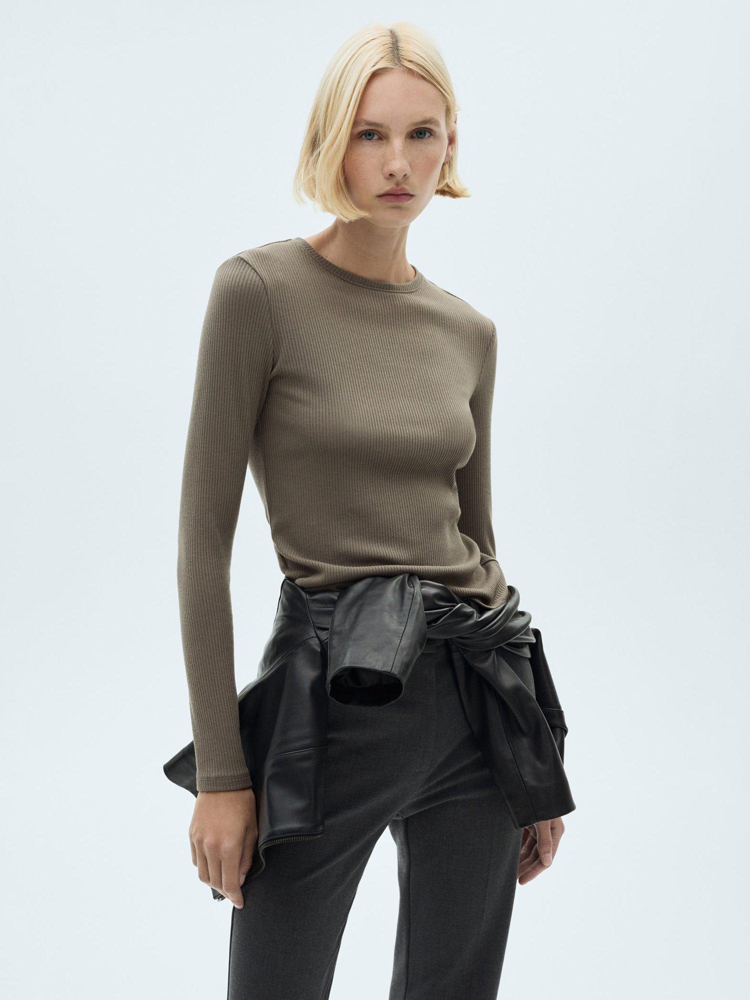 Mango Liloca Rib Knit Top, Khaki