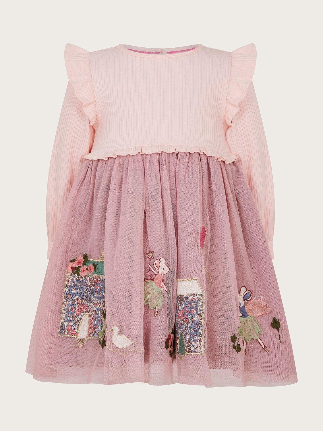 Product image 2 of 3, which shows Monsoon Baby Little House Dress, Pink, 0-3 months