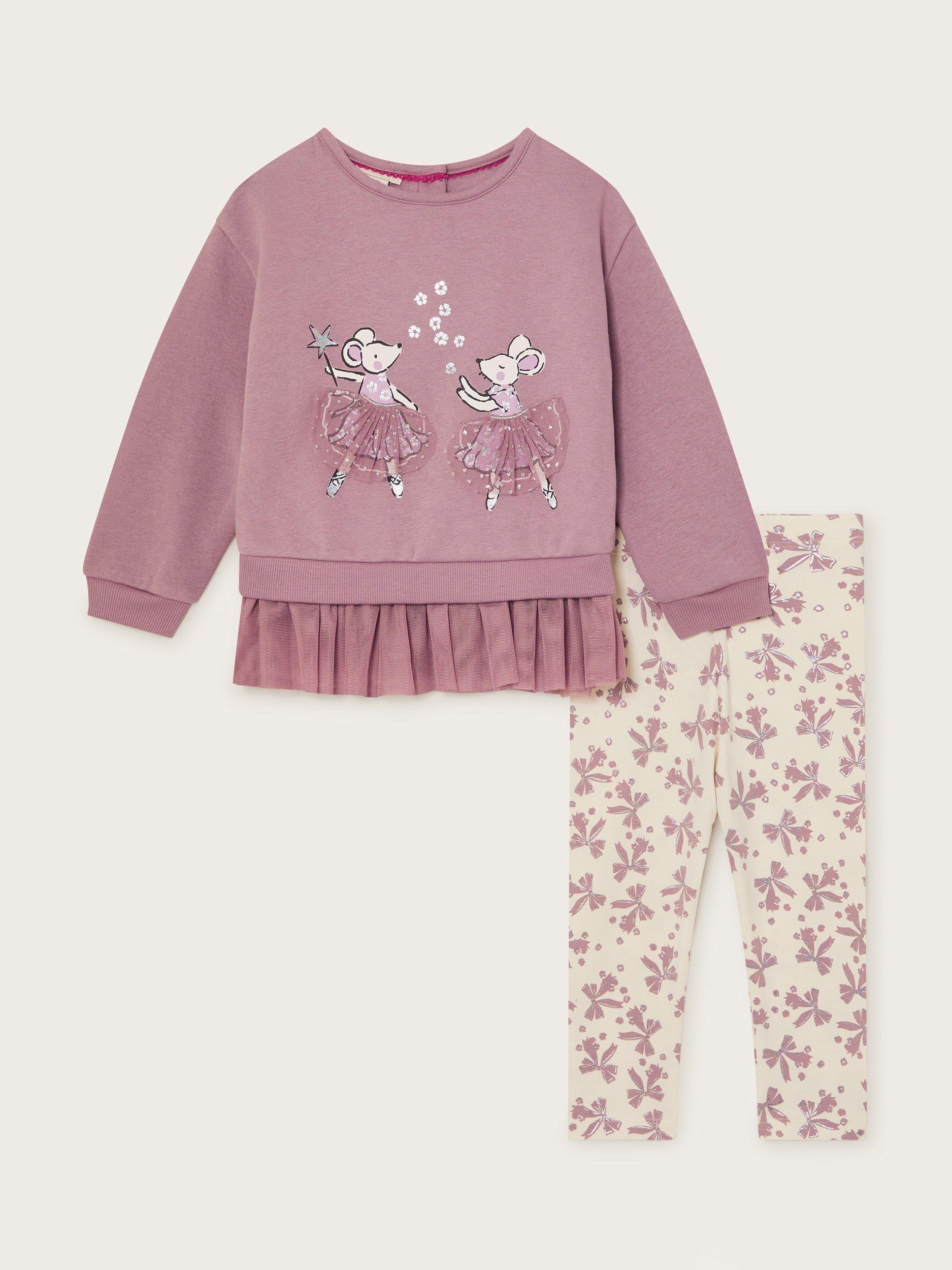 Monsoon Baby Mouse Top and Leggings, Purple/Multi