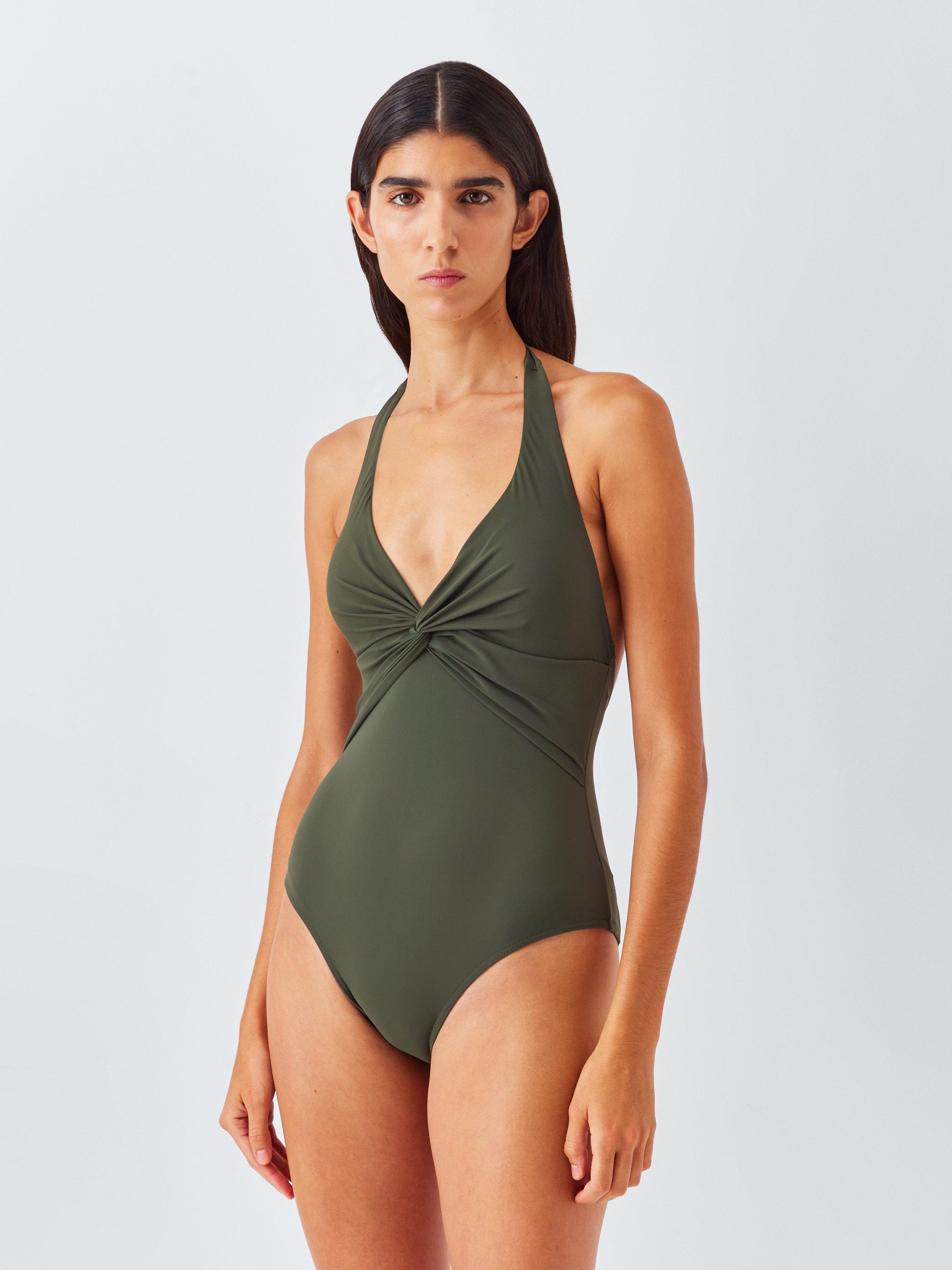Product image 1 of 5, which shows John Lewis Hamptons Twist Front Swimsuit, Khaki, 8