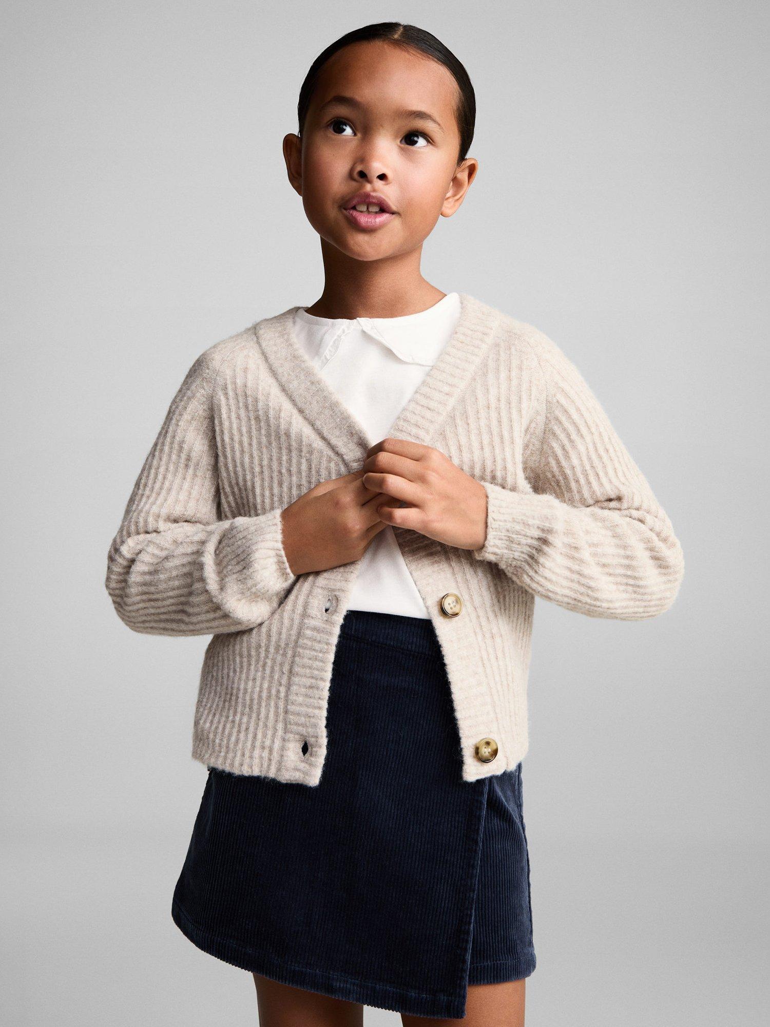 Mango Kids' Oso V-Neck Cardigan, Medium Brown