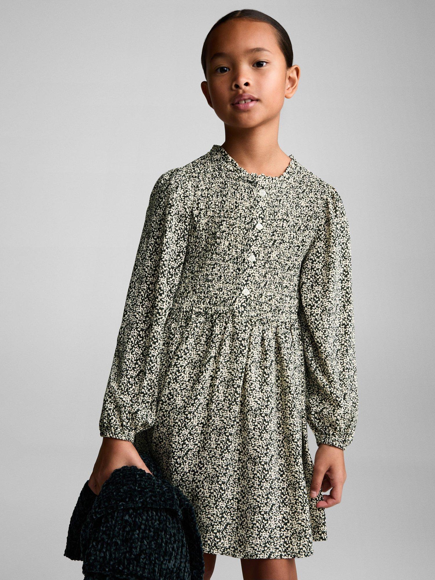 Mango Kids' Carmela Floral Dress, Khaki/Multi