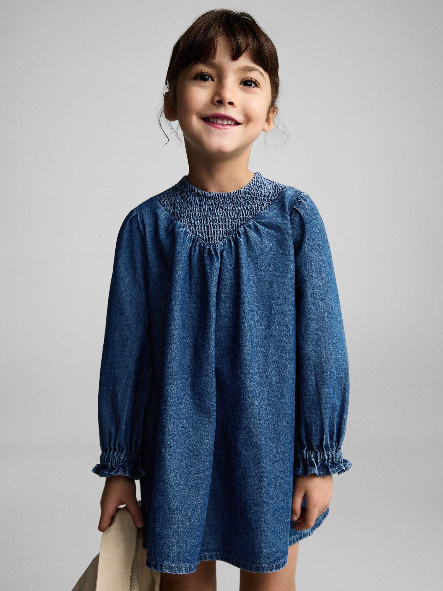 Mango Kids' Gio Cotton Smocked Mini Dress, Open Blue