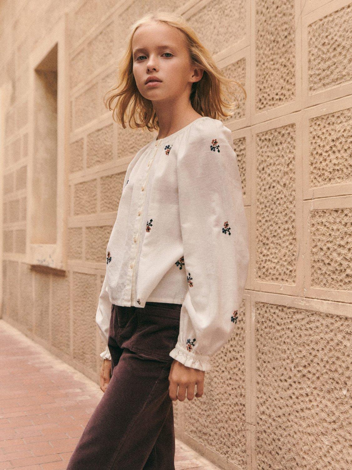 Mango Kids' Cruz Embroidered Floral Shirt, Natural White