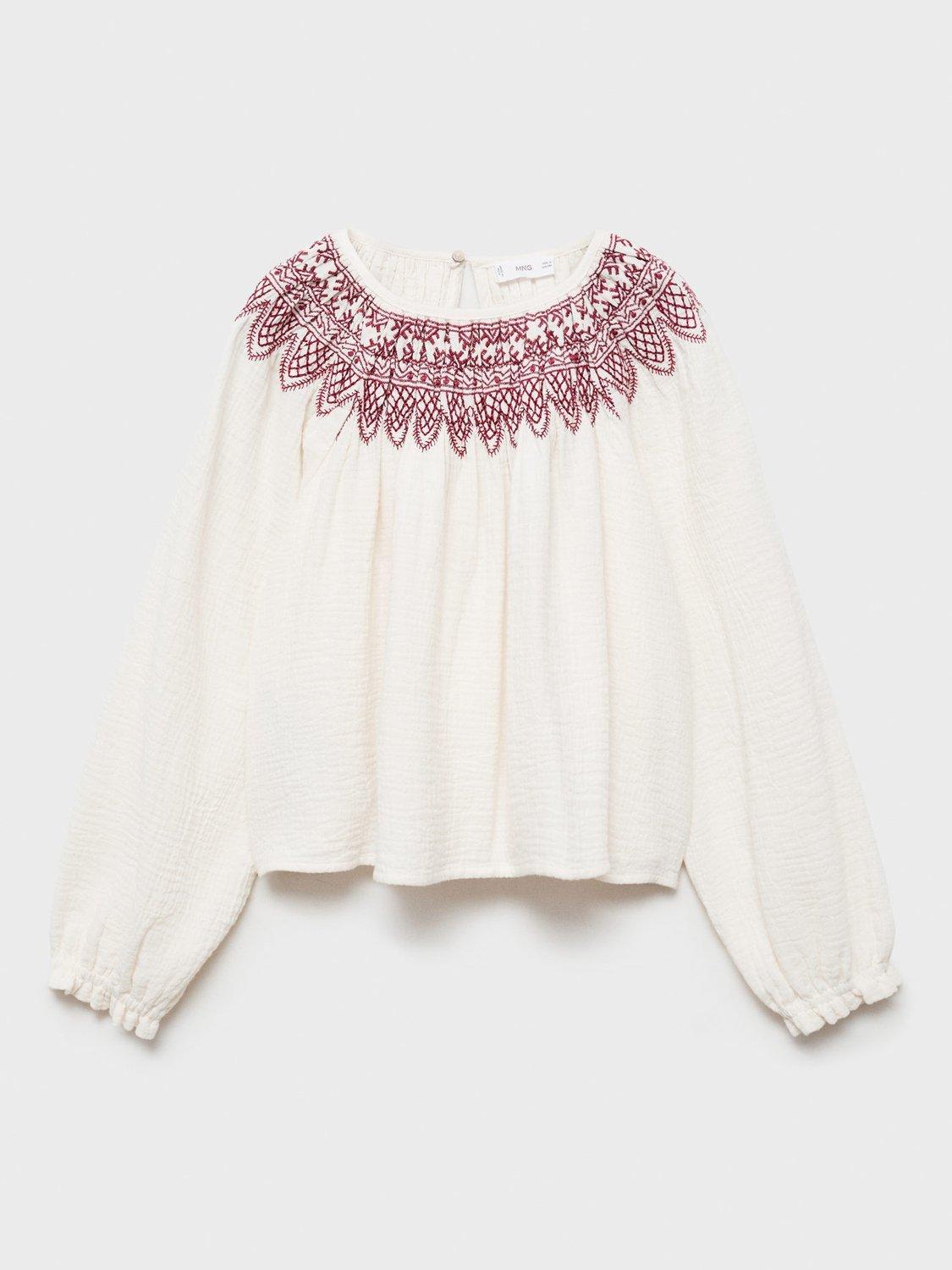 Mango Kids' Cotton Embroidered Long Sleeve Blouse, Light Beige