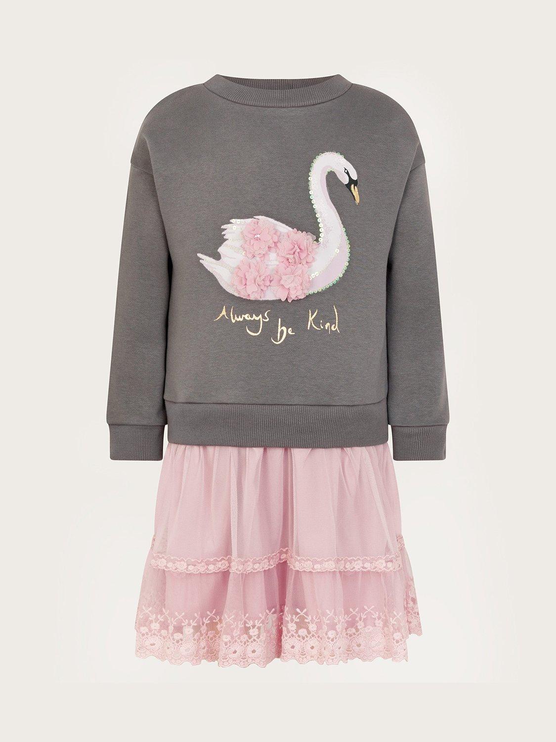 Product image 2 of 3, which shows Monsoon Kids' 2-in-1 Swan Jumper Dress, Grey/Pink, 5-6 years