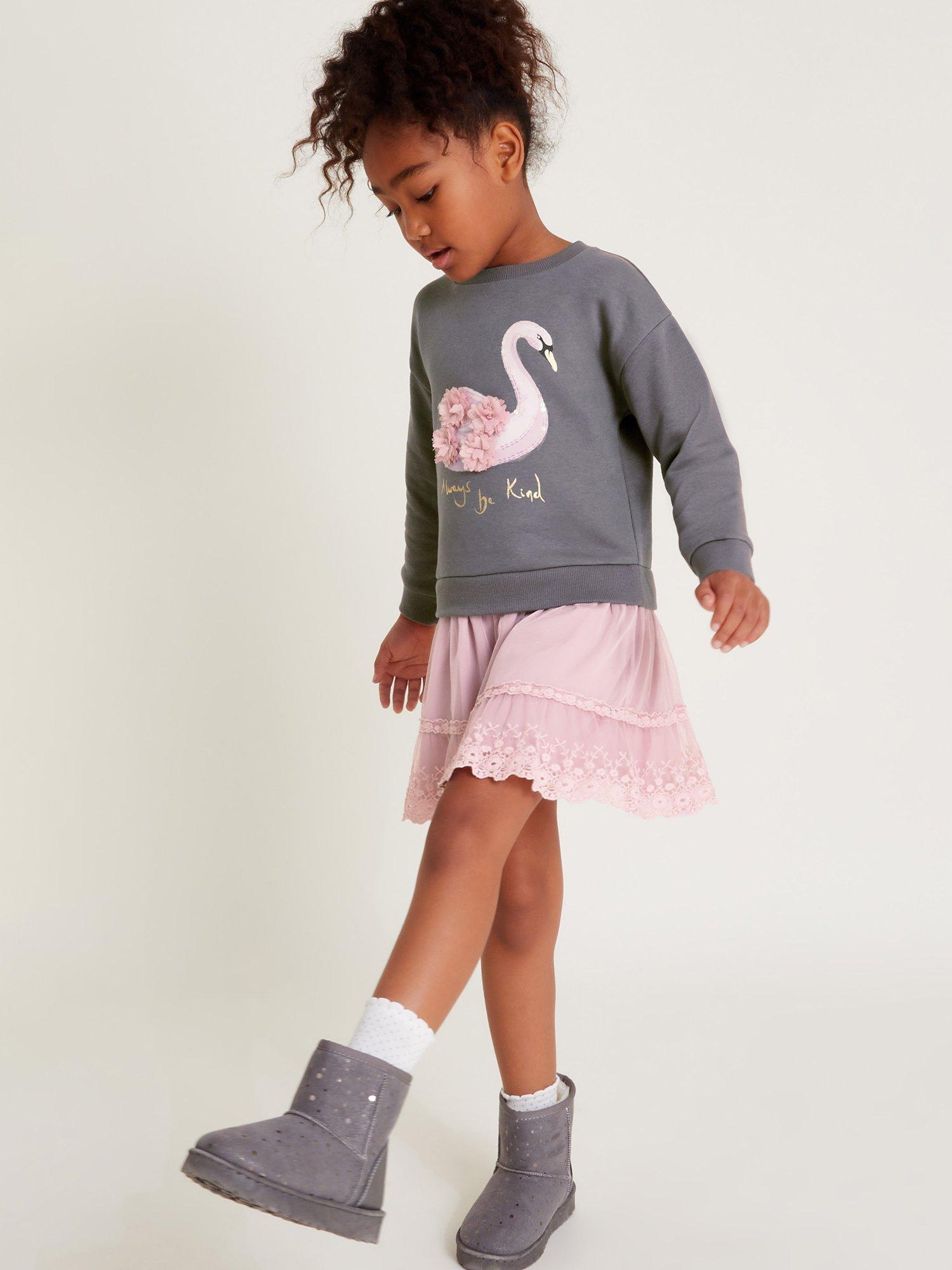 Product image 1 of 3, which shows Monsoon Kids' 2-in-1 Swan Jumper Dress, Grey/Pink, 5-6 years