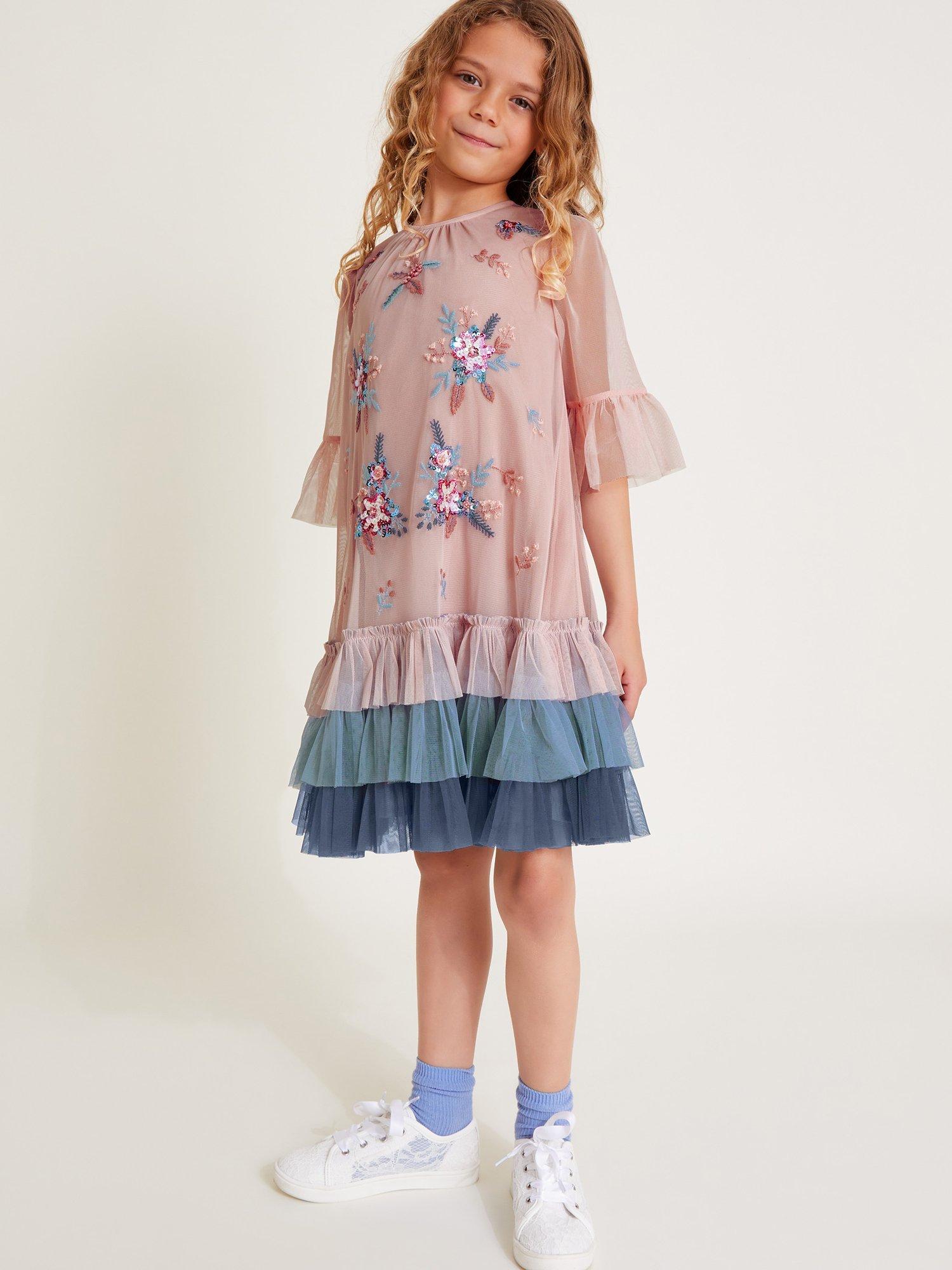 Monsoon Kids' Floral Embellished Mesh Dress, Pink/Multi
