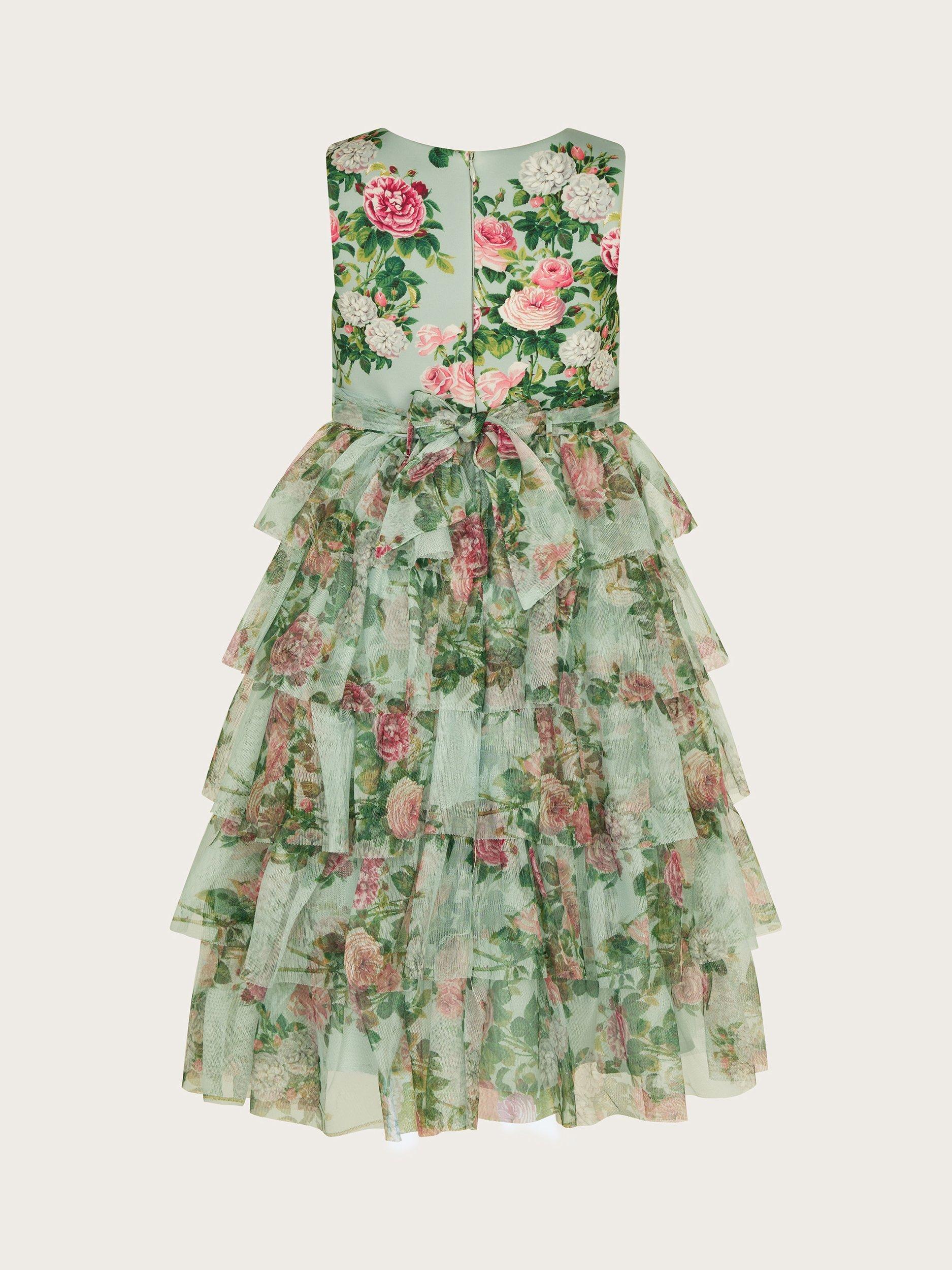 Product image 3 of 3, which shows Monsoon Kids' Flora Rose Tiered Dress, Green, 12-13 years