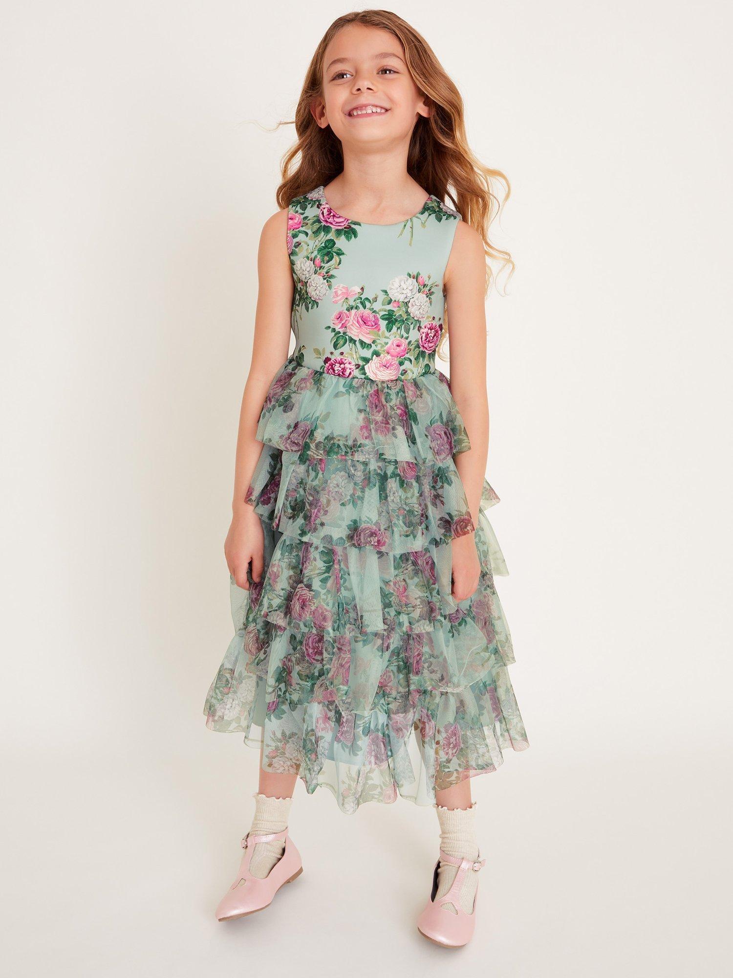 Product image 1 of 3, which shows Monsoon Kids' Flora Rose Tiered Dress, Green, 12-13 years
