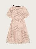 Monsoon Kids' Bow Neck Spotty Tulle Tiered Dress, Pink