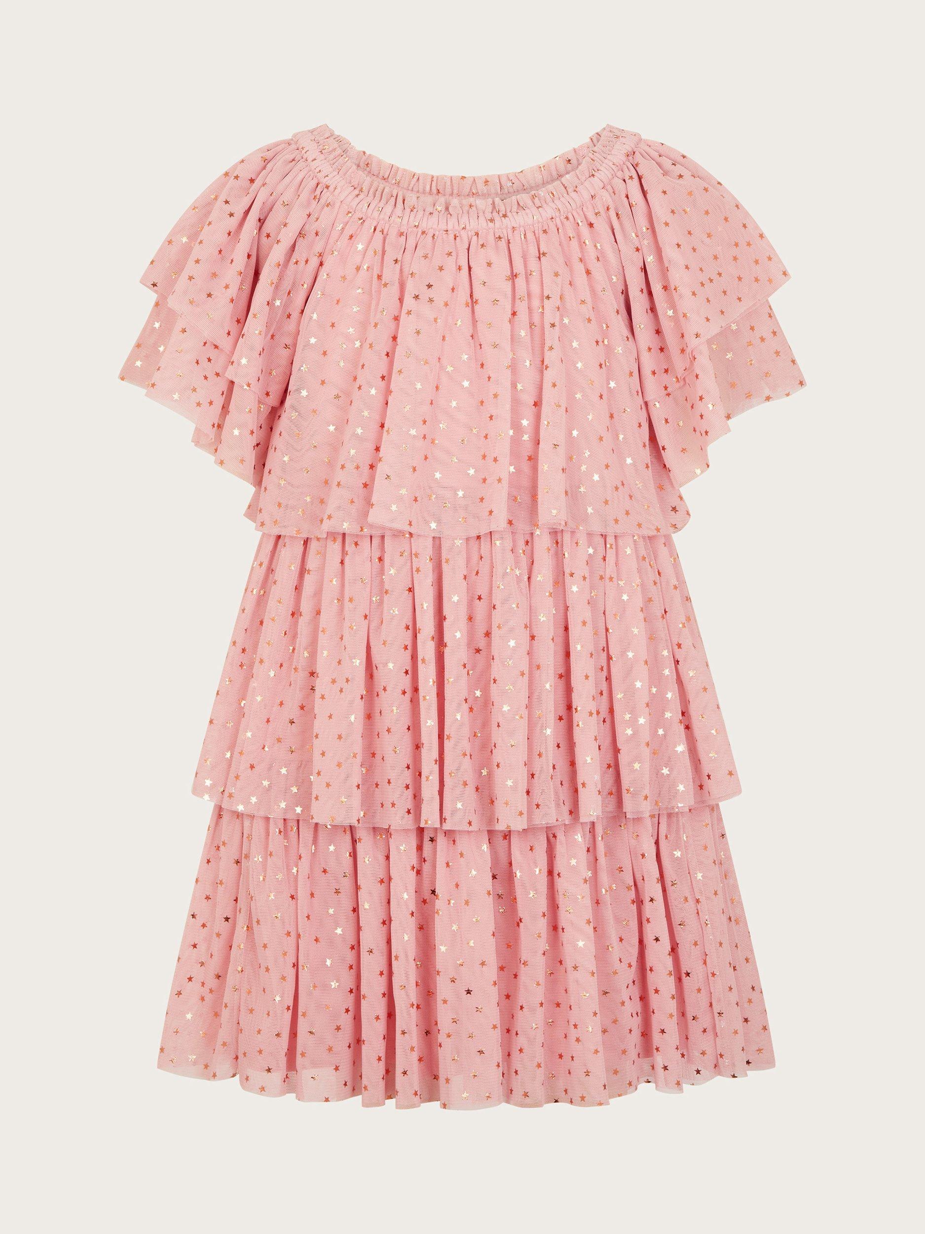 Product image 2 of 3, which shows Monsoon Kids' Star Mesh Tiered Dress, Pink/Gold, 5 years