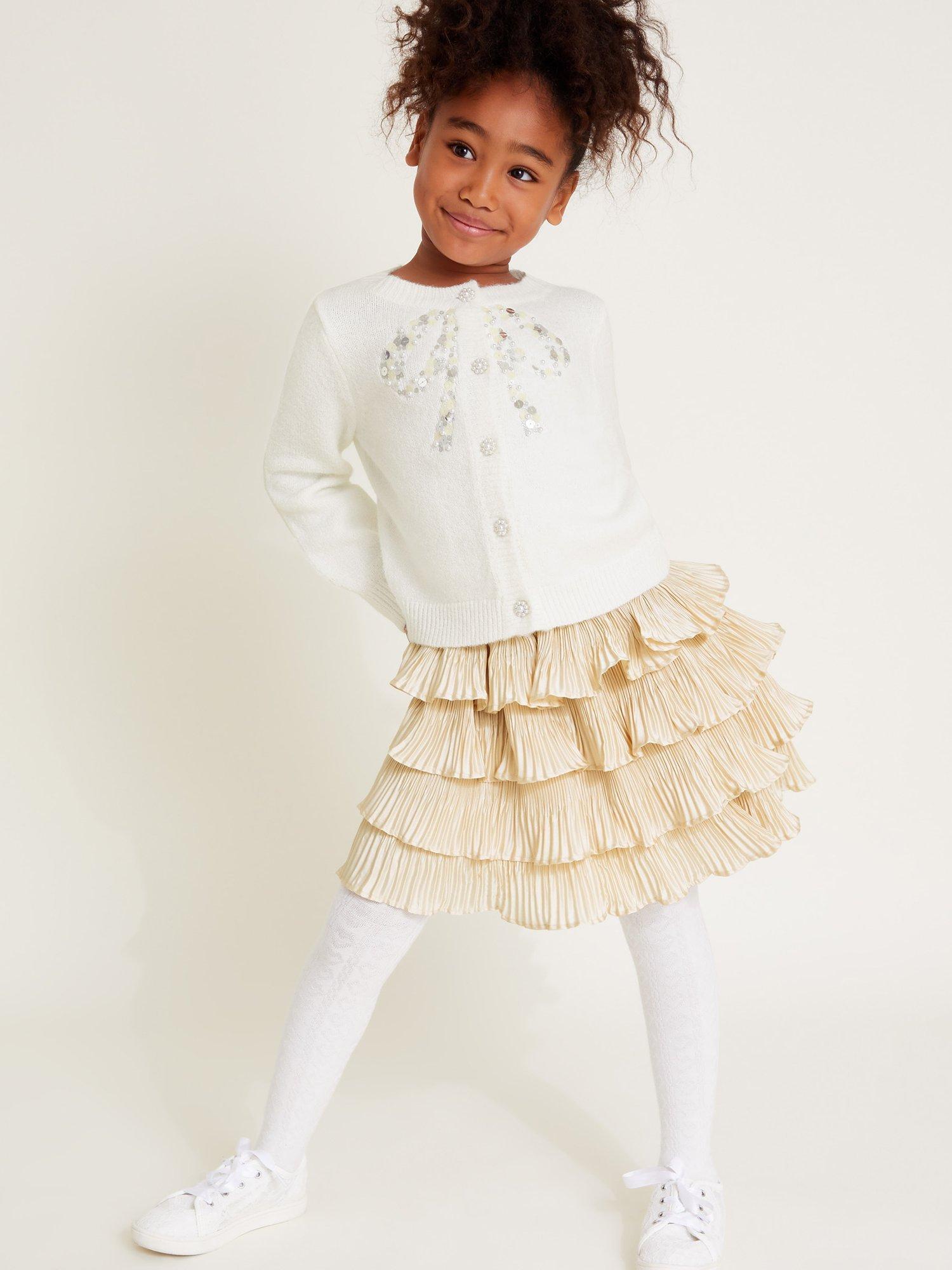 Product image 3 of 3, which shows Monsoon Kids' Ruffle Satin Skirt, Gold, 3-4 years
