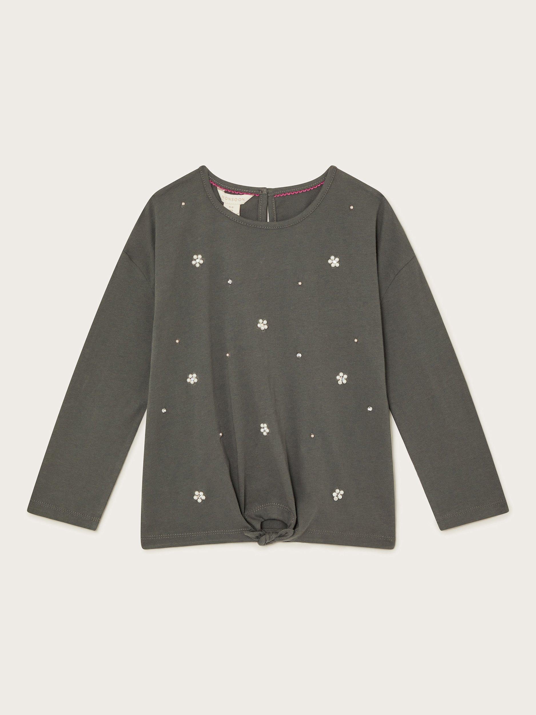 Product image 2 of 3, which shows Monsoon Kids' Cotton Embellished Top, Grey, 3-4 years