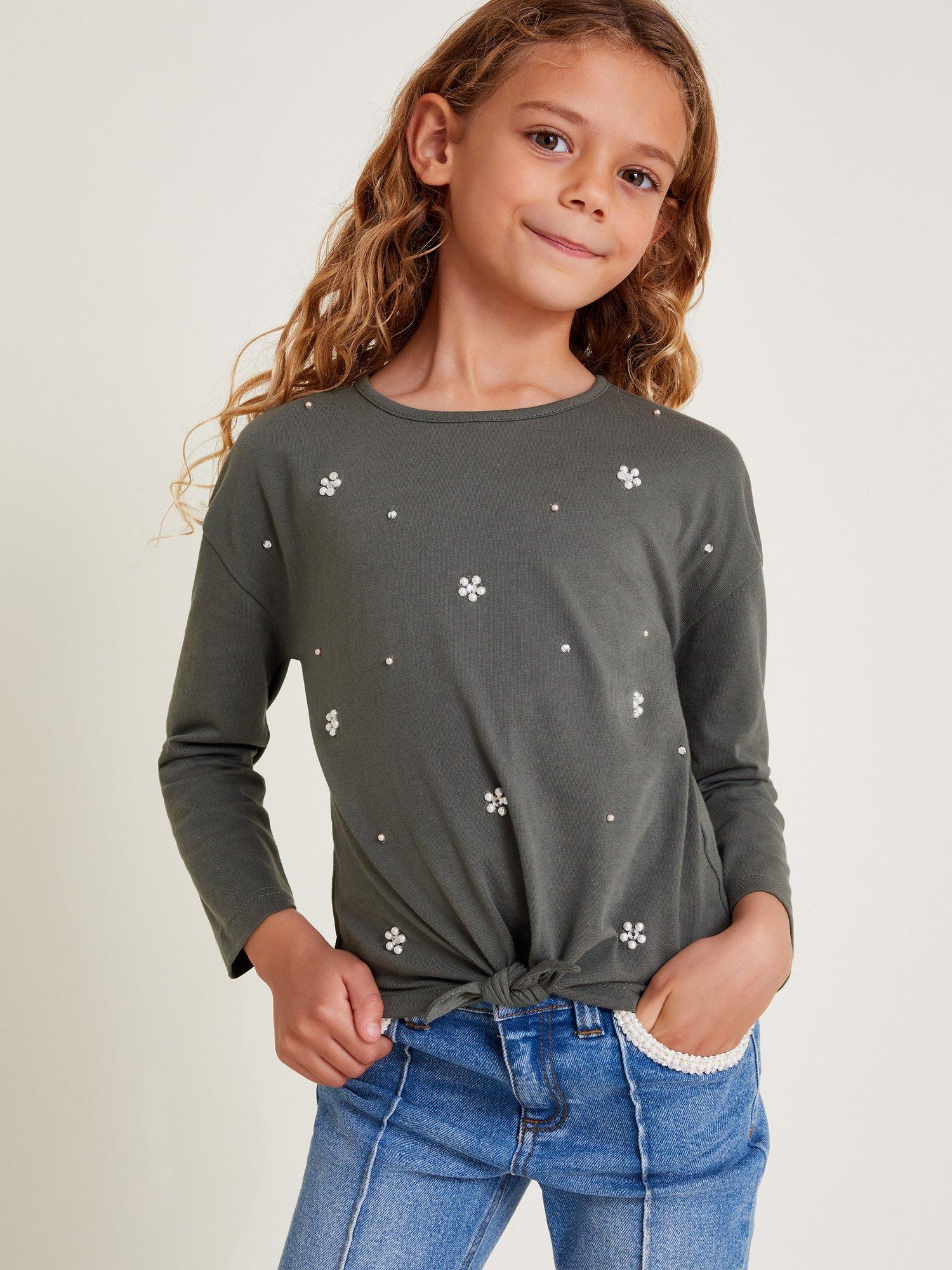 Product image 1 of 3, which shows Monsoon Kids' Cotton Embellished Top, Grey, 3-4 years