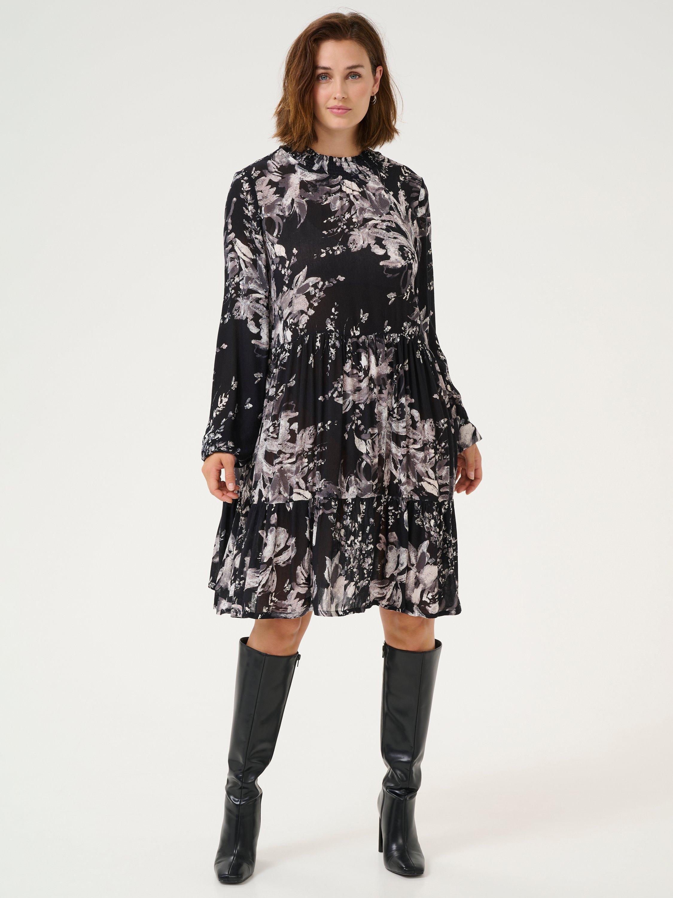 KAFFE Rikka Amber Floral Tiered Knee Length Dress, Black/White